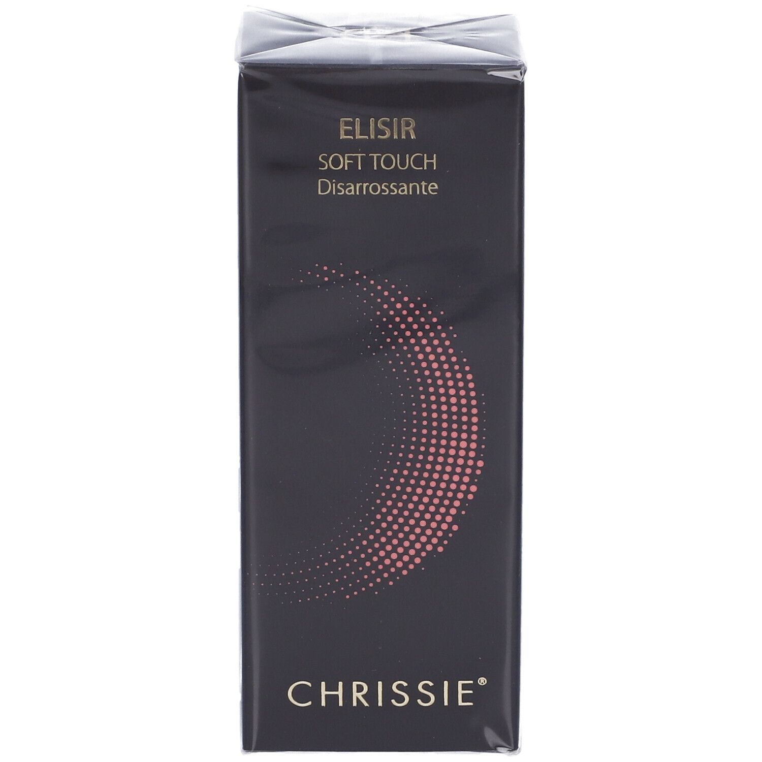 Confezione del prodotto nera. Testo: ELISIR SOFT TOUCH Disarrossante, Chrissie. Design cerchio rosa.