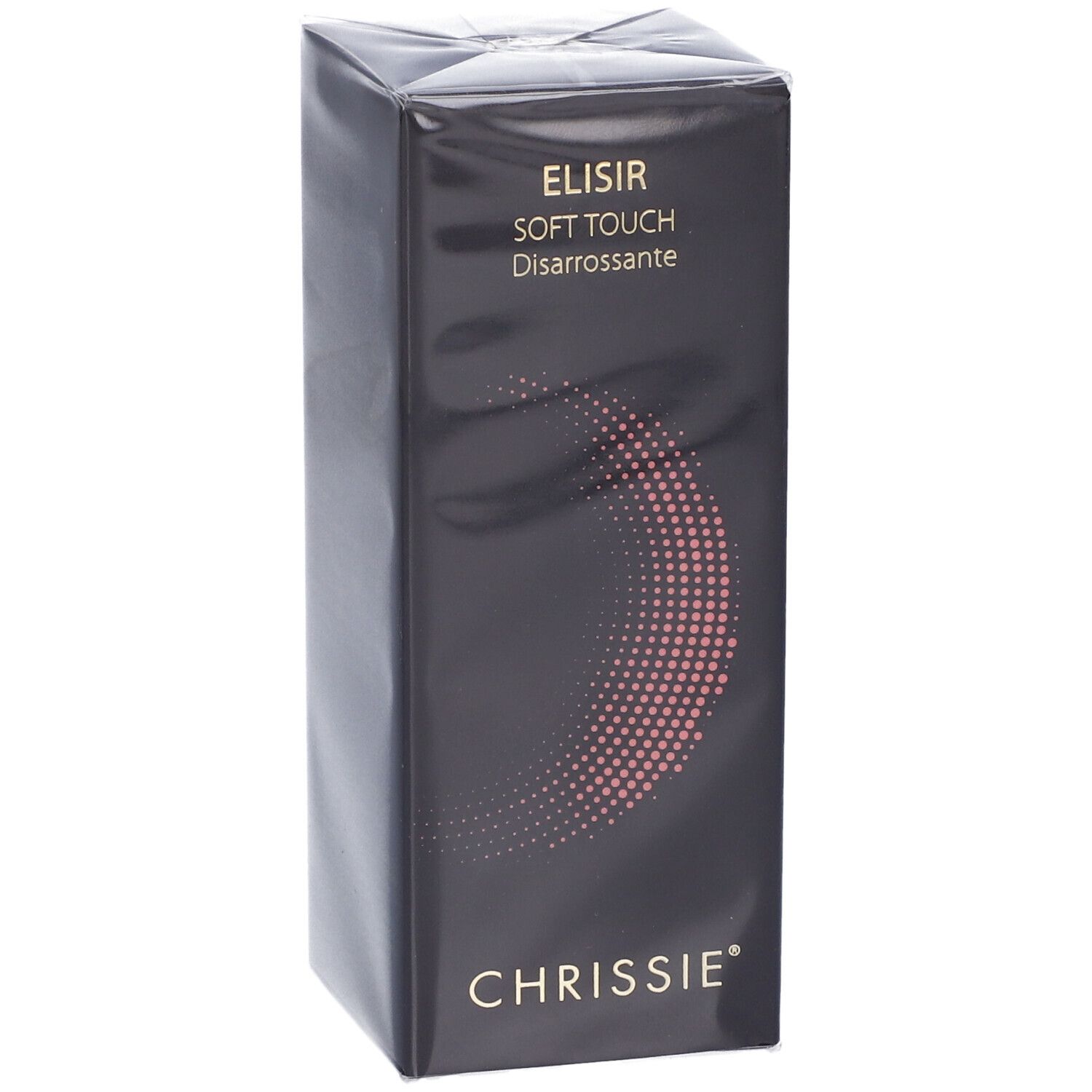 Confezione del prodotto nera. Testo: ELISIR SOFT TOUCH Disarrossante, Chrissie. Design cerchio rosa.