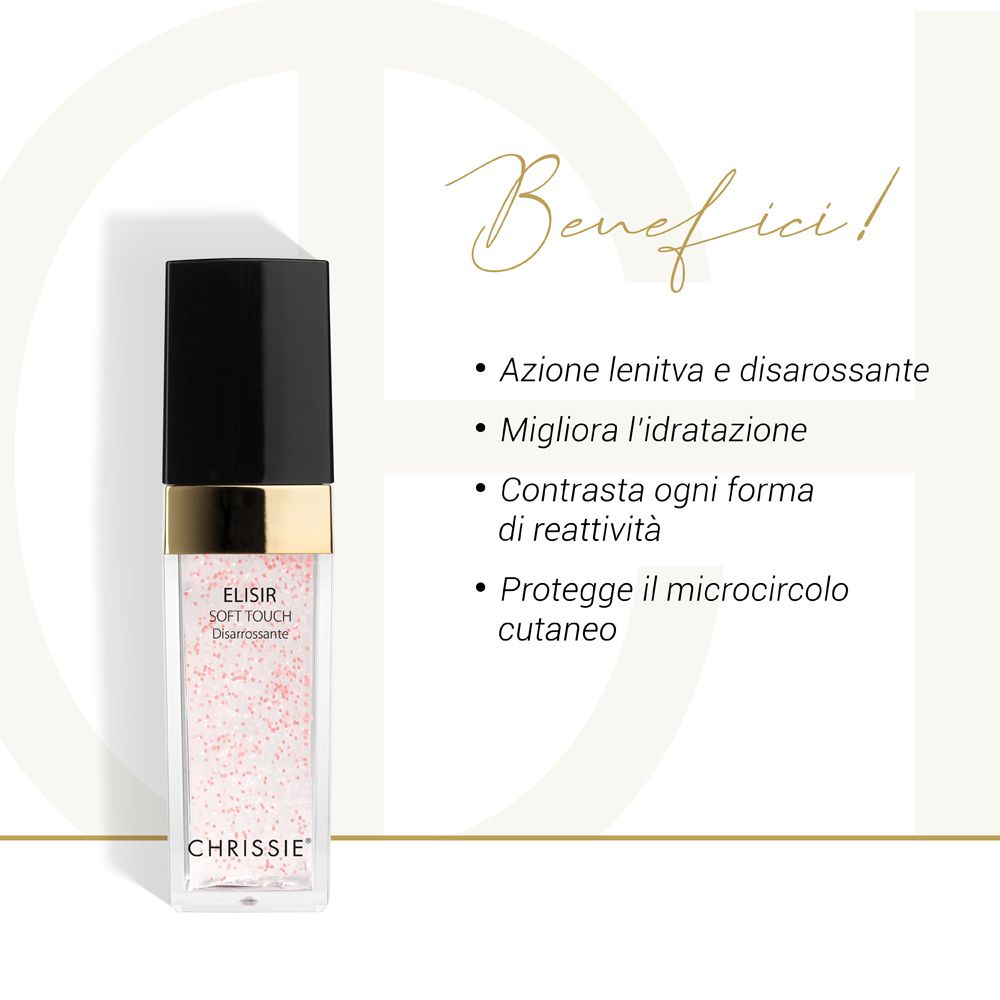 Flacone del prodotto su sfondo bianco. Testo: ELISIR SOFT TOUCH Disarrossante. Benefici: lenitivo, idratante, etc.