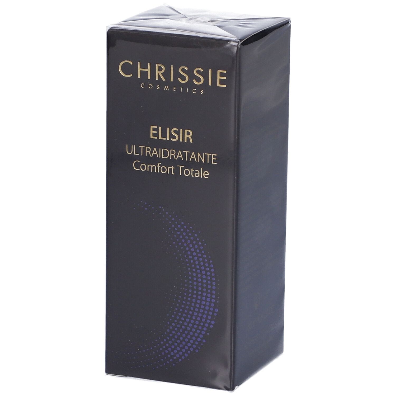 Confezione del prodotto nera. Scritta: ELISIR ULTRAIDRATANTE Comfort Totale. Marchio: Chrissie Cosmetics. Confezionato.
