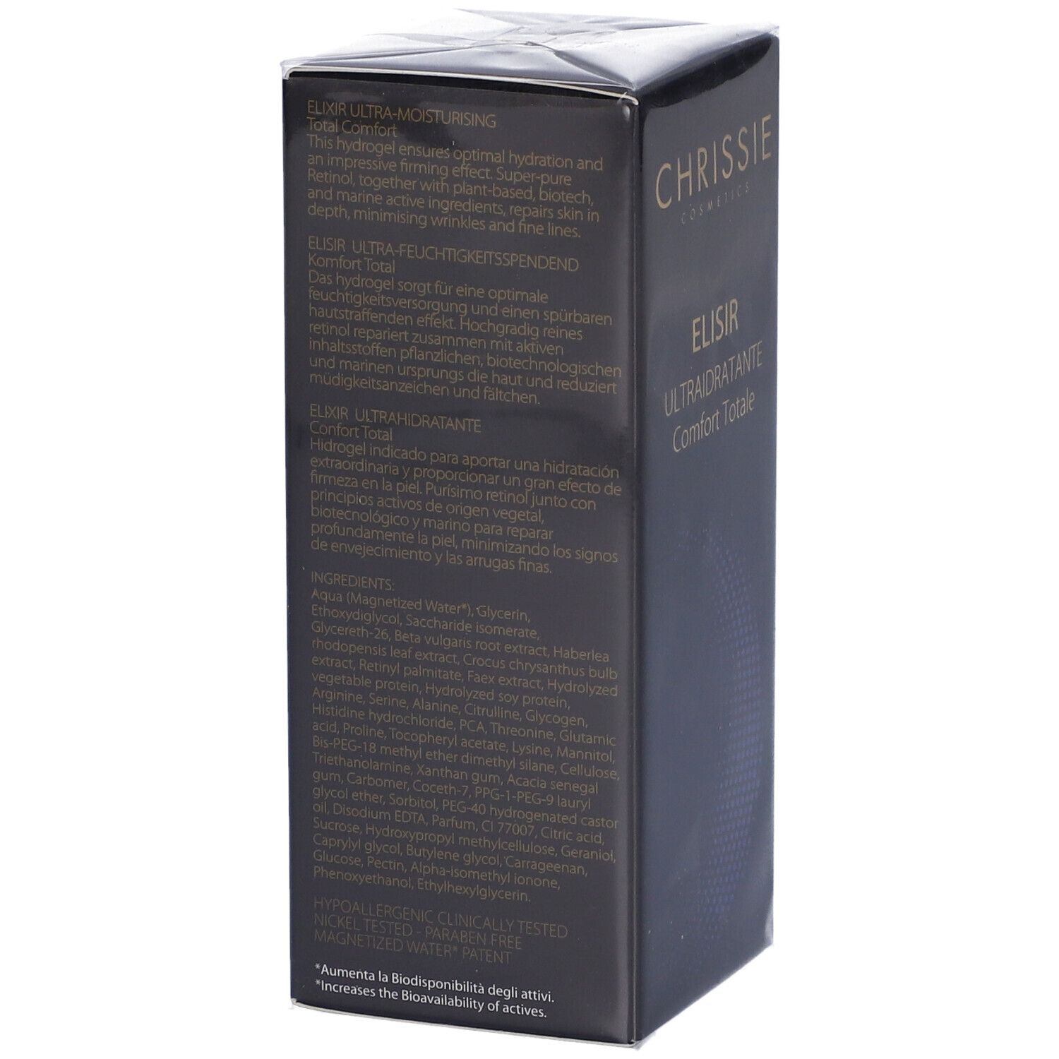 Confezione del prodotto nera. Testo in più lingue. Scritta: ELISIR ULTRAIDRATANTE Comfort Totale. Marchio: Chrissie Cosmetics.