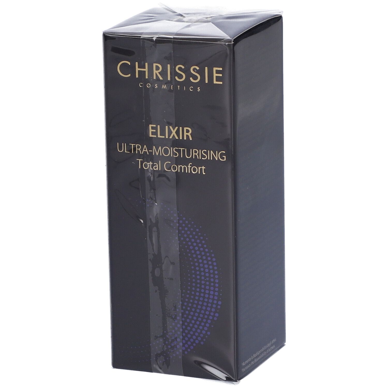 Confezione del prodotto nera. Scritta: ELISIR ULTRA-MOISTURISING Total Comfort. Marchio: Chrissie Cosmetics. Confezionato.