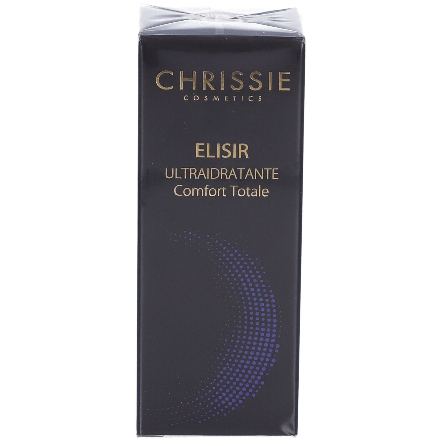 Confezione del prodotto nera. Scritta: ELISIR ULTRAIDRATANTE Comfort Totale. Marchio: Chrissie Cosmetics. Confezionato.