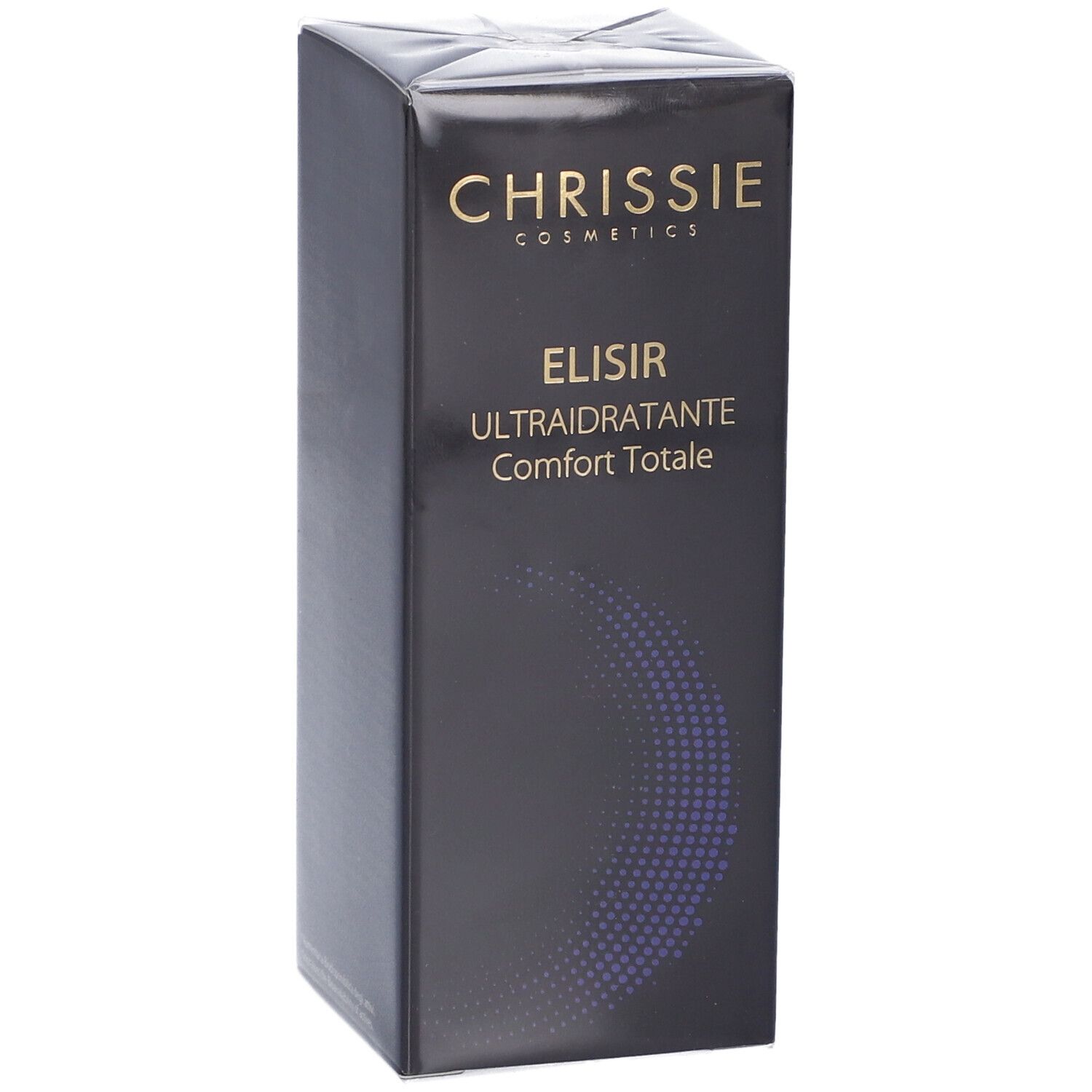 Confezione del prodotto nera. Scritta: ELISIR ULTRAIDRATANTE Comfort Totale. Marchio: Chrissie Cosmetics. Confezionato.