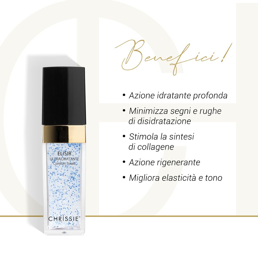 Flacone di prodotto accanto al testo. Testo: Azione idratante profonda, Minimizza segni e rughe, Stimola la sintesi di collagene, Azione rigenerante, Migliora elasticità e tono.
