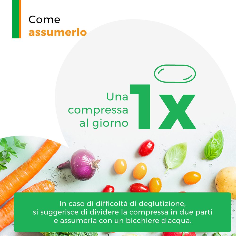 Illustrazione: 1 compressa al giorno. Verdure e frutta sullo sfondo.