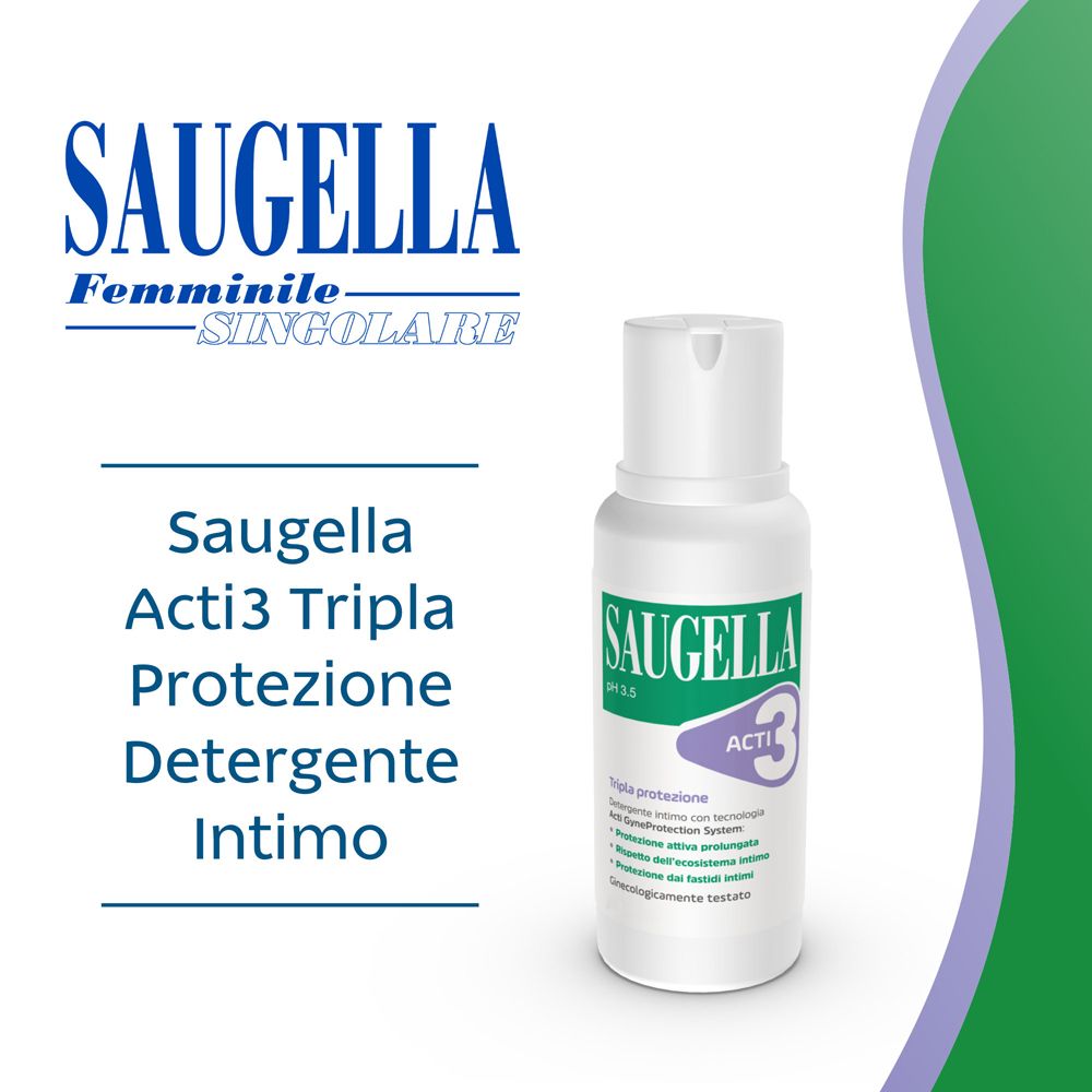 Flacone e logo Saugella Acti3. Testo: Saugella, Feminine, Singolare. Saugella Acti3 Tripla Protezione Detergente Intimo.