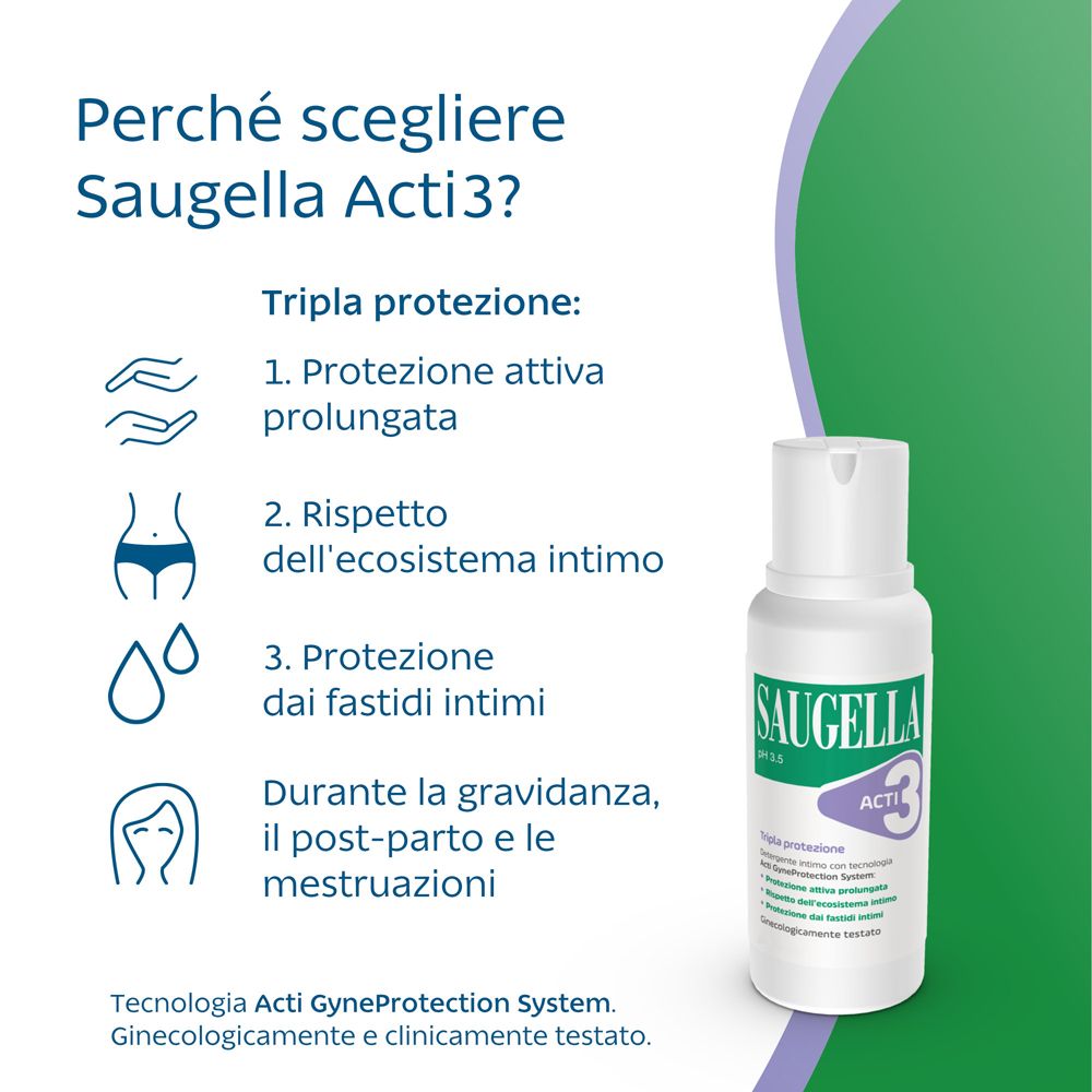 Flacone Saugella Acti3. Testo: Perché scegliere Saugella Acti3? Tripla protezione. Durante la gravidanza, post-parto e mestruazioni.