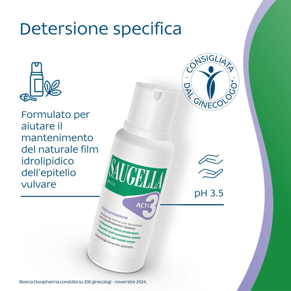 Flacone Saugella Acti3. Testo: Detersione specifica. Consigliata dal ginecologo. pH 3.5. Formulato per l'equilibrio naturale.