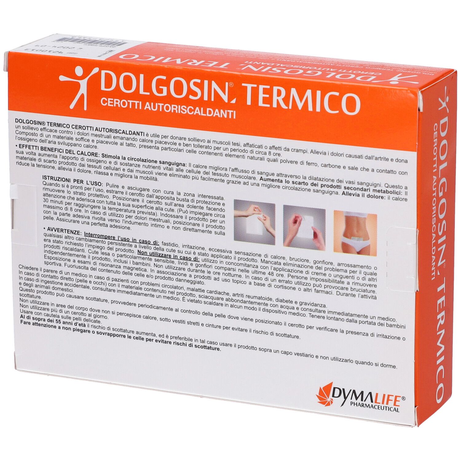 Retro confezione Dolgosin Termico Cerotti. Testo in italiano, logo DYMALIFE Pharmaceutical.