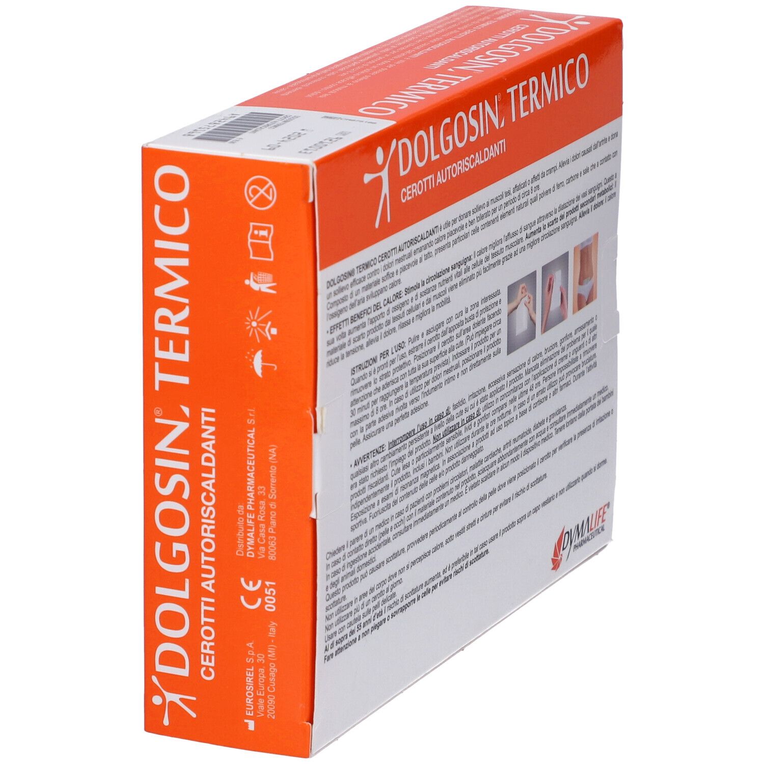 Vista angolata della confezione Dolgosin Termico Cerotti. Scatola arancione e bianca con nome e simboli.