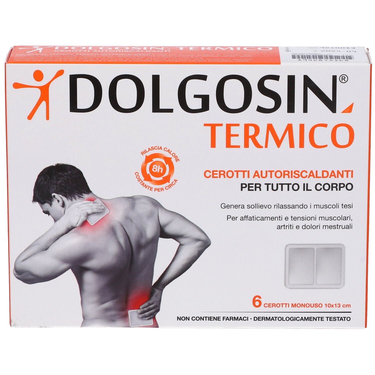 Confezione Dolgosin Termico Cerotti. Sei cerotti, 10x13 cm. Uomo con dolore illustrato.