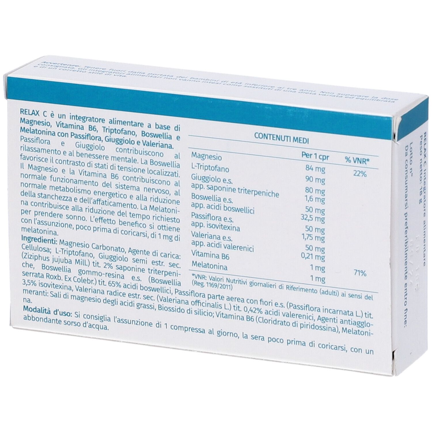Retro della confezione "Relax-C". Elenco ingredienti e informazioni nutrizionali. Testo in italiano.