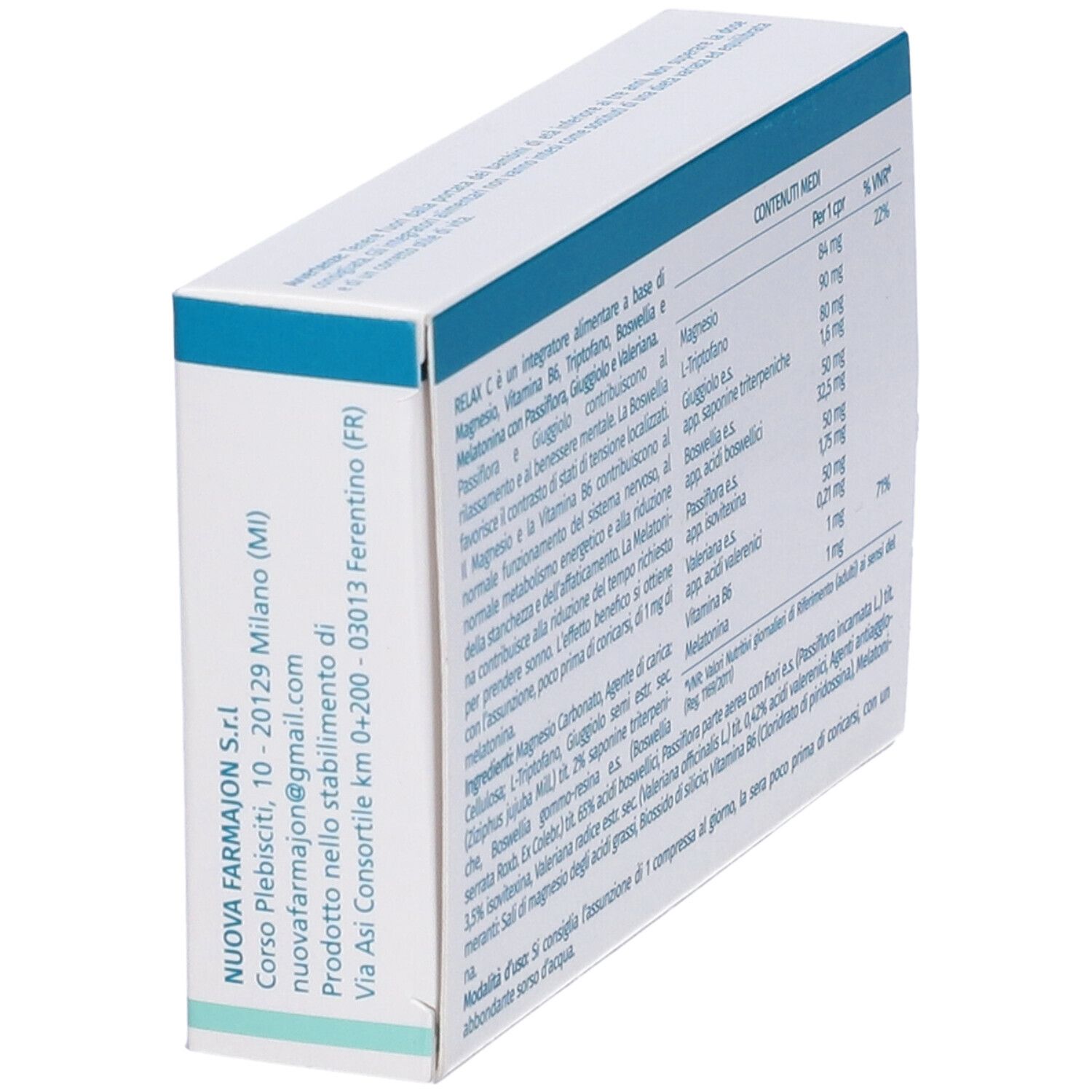 Vista laterale della confezione "Relax-C". Indirizzo del produttore e ingredienti. Testo in italiano.