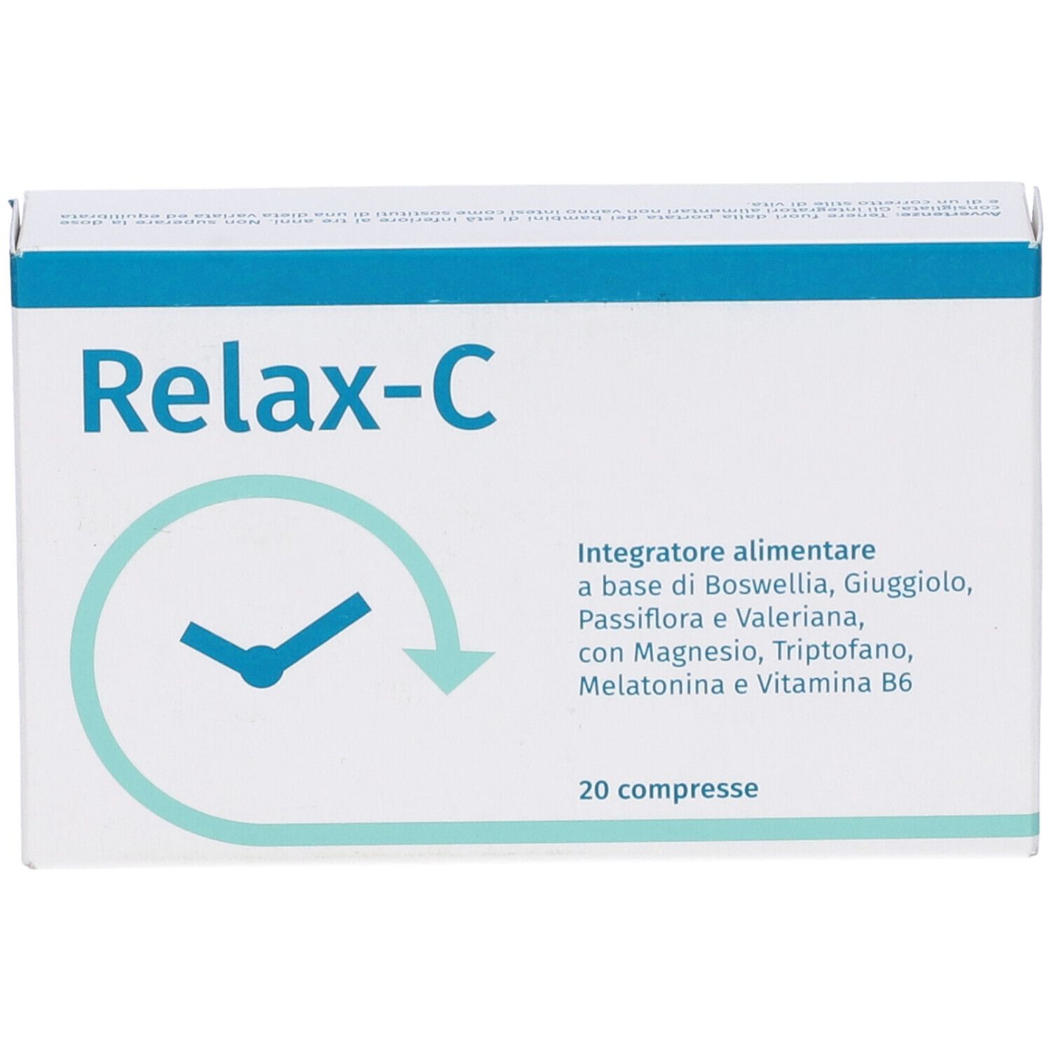 Scatola bianca con bordo blu. Scritta "Relax-C". Testo: Integratore alimentare con ingredienti. 20 compresse.