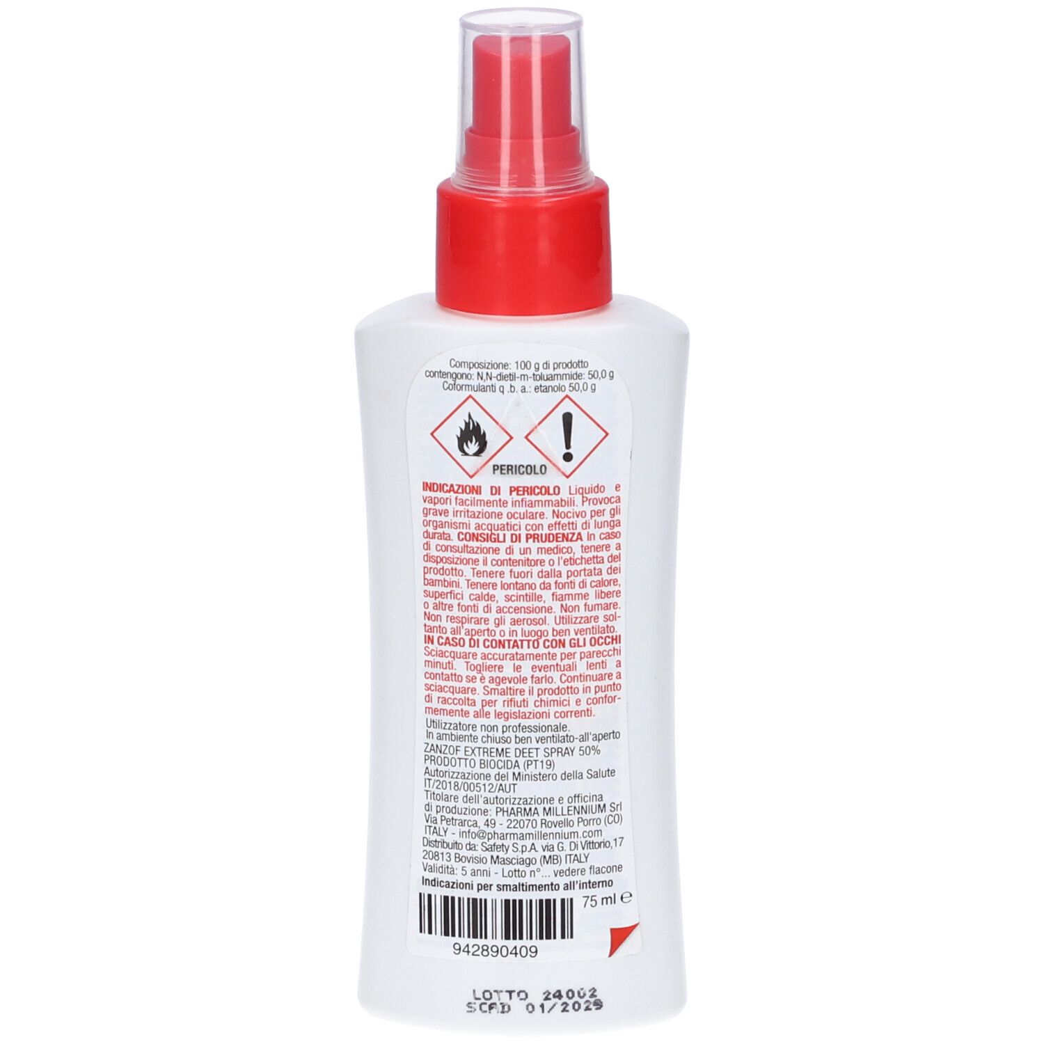 Retro di un flacone spray bianco con erogatore rosso. Testo: PERICOLO, avvertenze di pericolo. Testo: CANZOR EXTREME DEET Spray 50%. Testo: 75 ml.