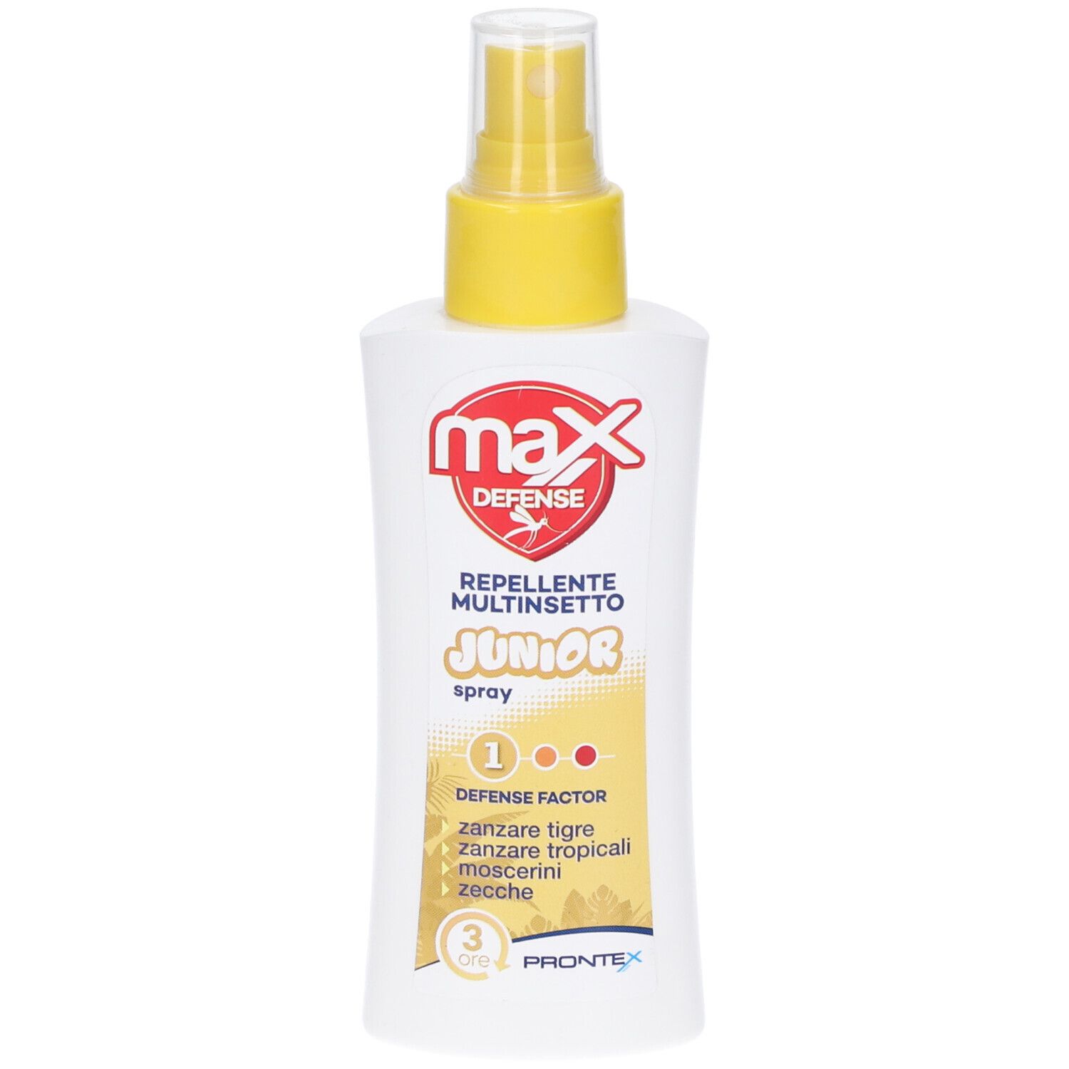 Spray bianco con erogatore giallo. Scritta rossa "max". Testo "Junior" e "Repellente Multinsetto". Sfondo giallo.