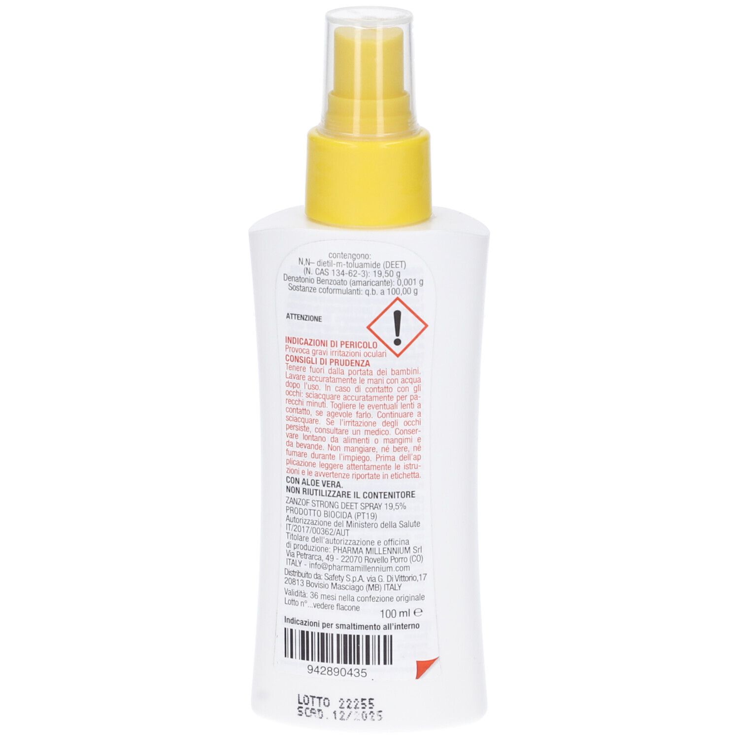 Retro di uno spray bianco con erogatore giallo. Testo in italiano. Avvertenze e informazioni sul contenuto.