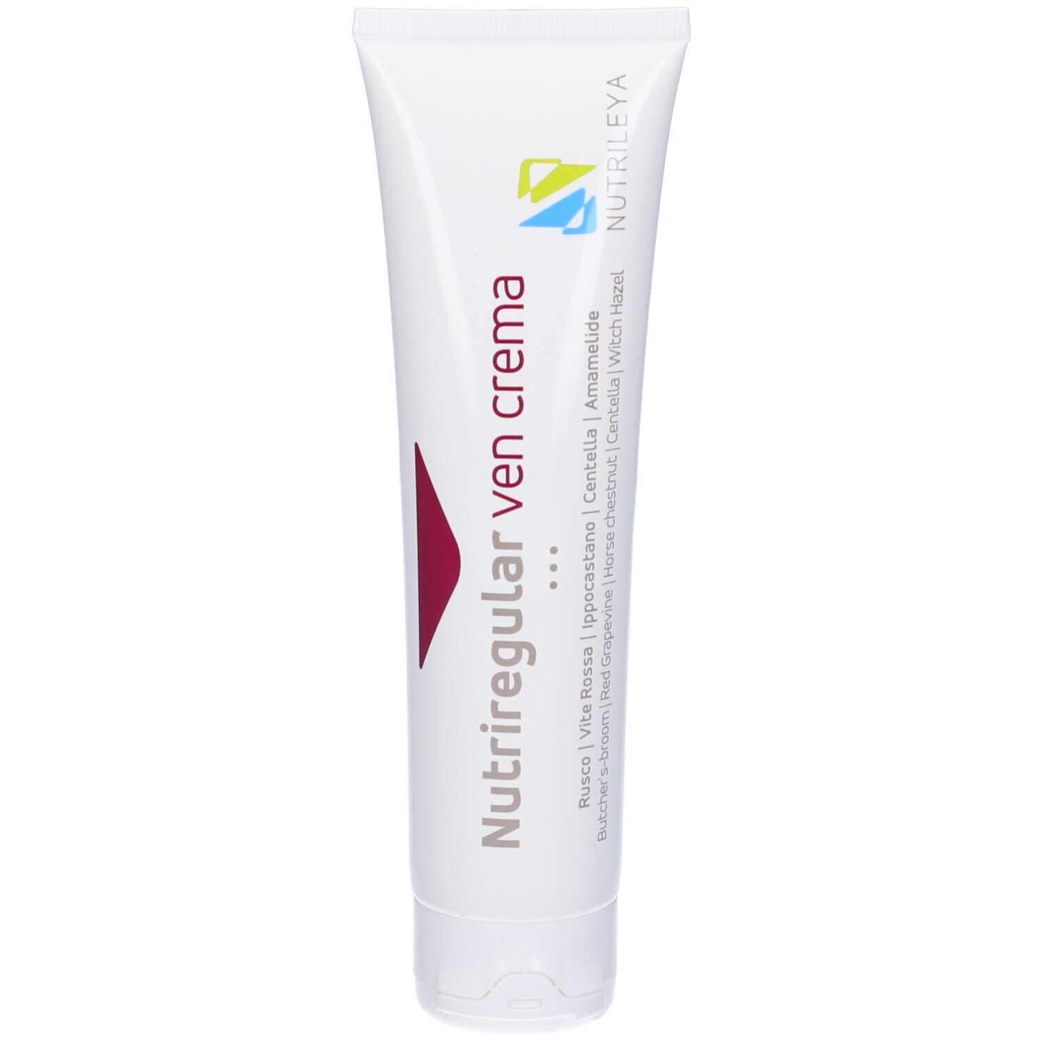 Tubo bianco con tappo a vite. Nome prodotto: NutriRegular Ven crema. Logo e ingredienti stampati.