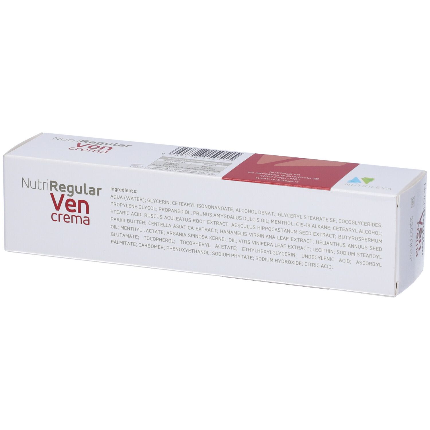 Confezione in cartone obliqua. Nome prodotto: NutriRegular Ven crema. Ingredienti e logo visibili.