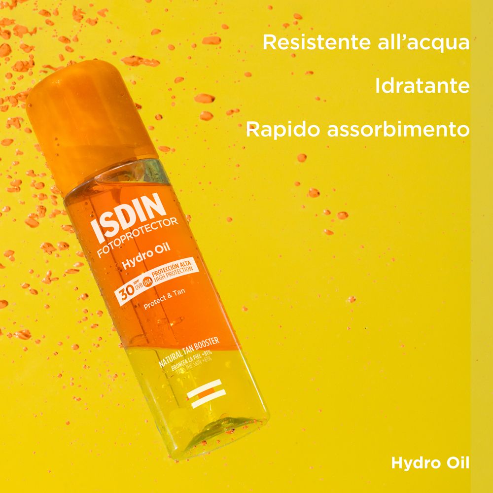 ISDIN Hydro Oil SPF30. Sfondo giallo. Informazioni sul prodotto. Resistente all'acqua, idratante, rapido assorbimento.