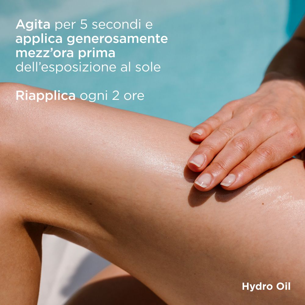 Gamba con ISDIN Hydro Oil. Istruzioni: Agitare 5 secondi, applicare generosamente, riapplicare ogni 2 ore.