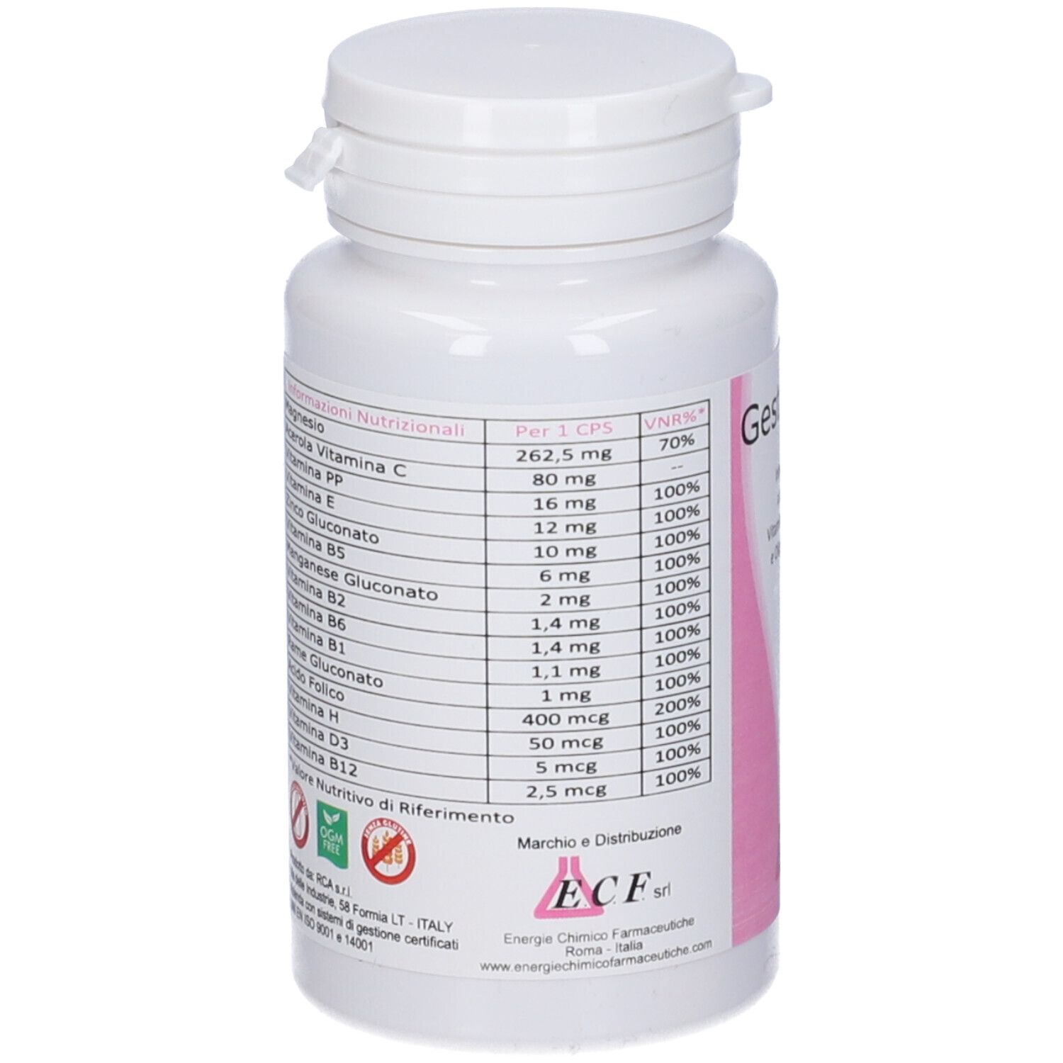 Retro del flacone con informazioni nutrizionali. Elenco di vitamine e minerali. Sfondo bianco.