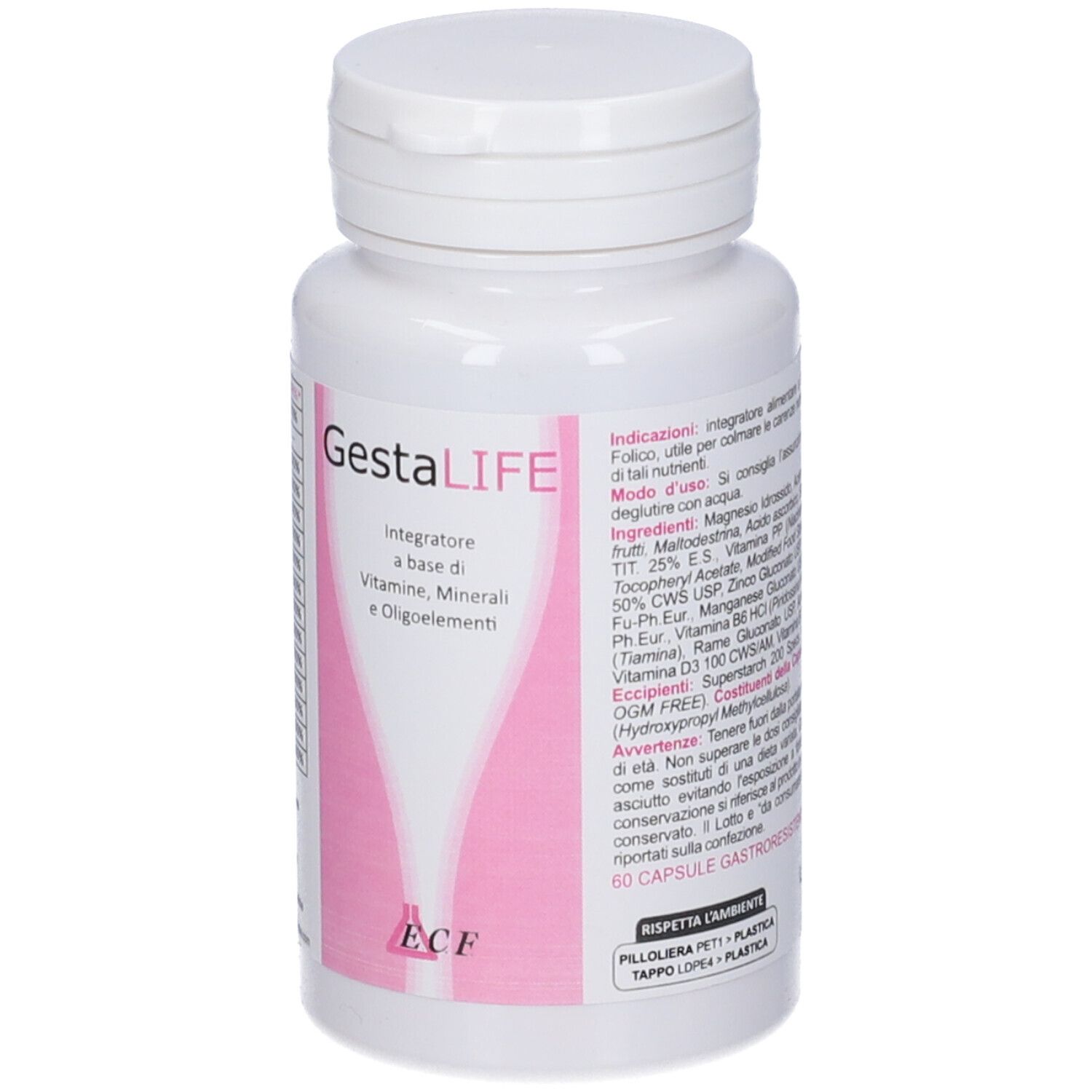 Flacone bianco con etichetta rosa. Nome del prodotto e ingredienti. Capsule. Tappo bianco.