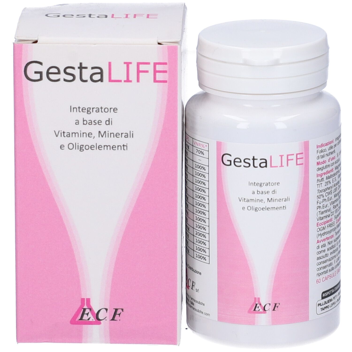 Flacone e confezione del prodotto affiancati. Design rosa e bianco. Nome del prodotto visibile.