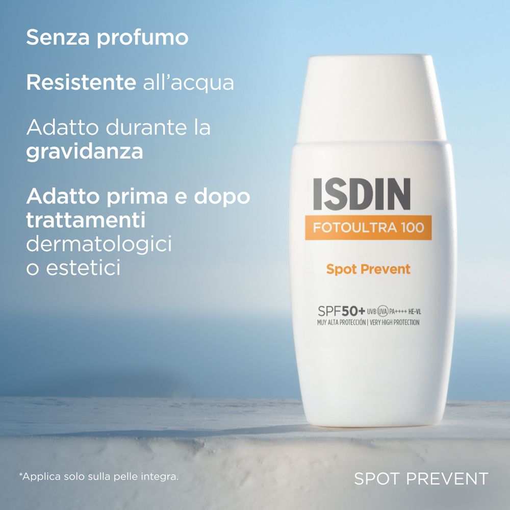 Flacone bianco con logo ISDIN e nome del prodotto. Testo: « Senza profumo », « Resistente all'acqua », « Adatto durante la gravidanza ».