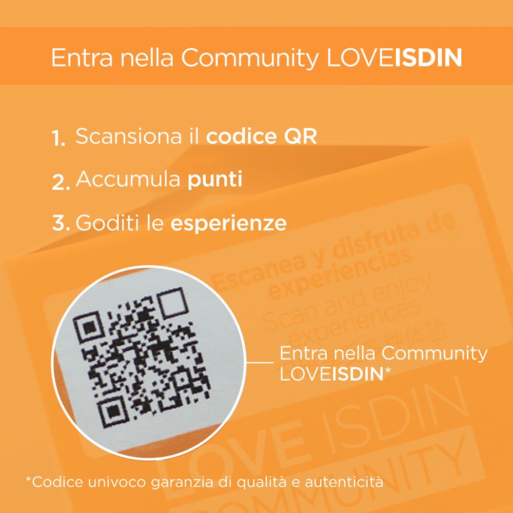 Grafico con codice QR. Testo: « Entra nella Community LOVEISDIN ». Istruzioni: « Scansiona il codice QR », « Accumula punti ».