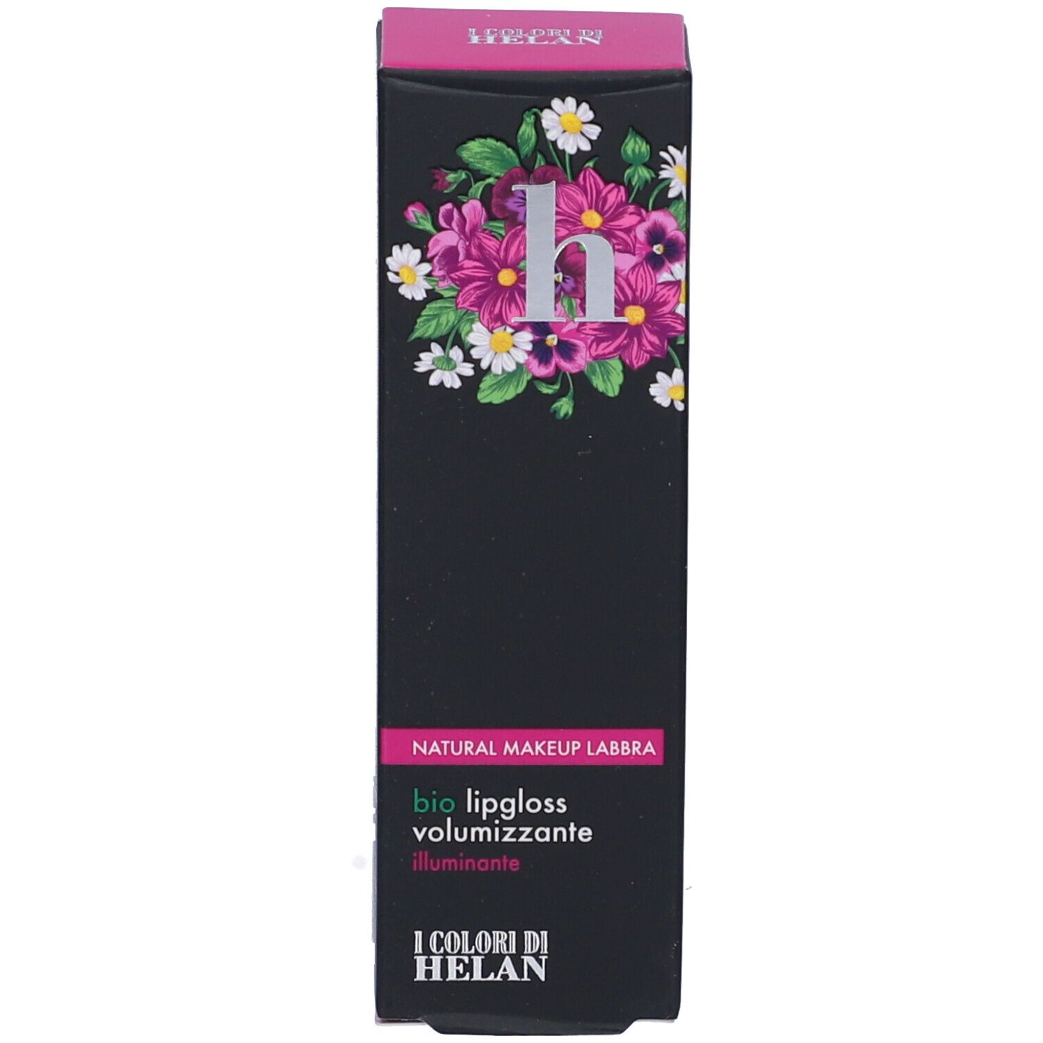 Confezione nera con accenti rosa e design floreale. Testo: "NATURAL MAKEUP LABBRA", "bio lipgloss volumizzante".