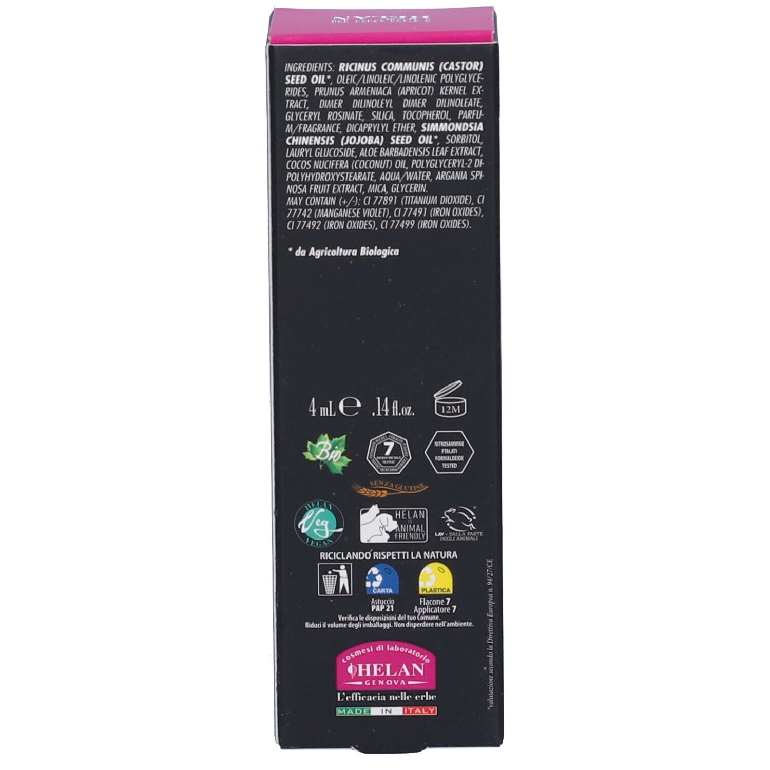 Retro della confezione con ingredienti, certificazioni e loghi. Testo: "4 ml e 0.14 fl. oz."