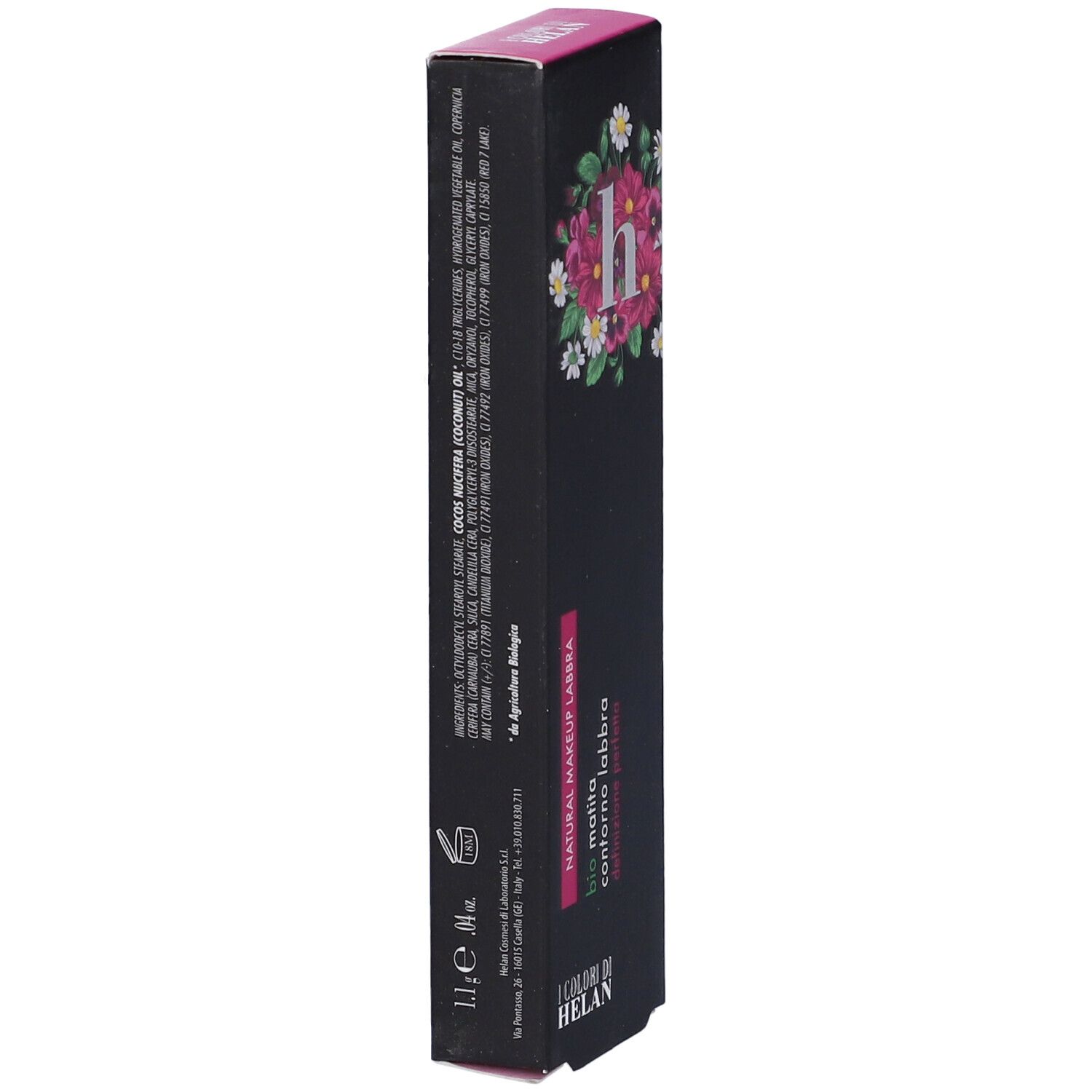 Confezione nera con informazioni sul prodotto e design floreale. Testo: Natural Makeup Labbra, Bio Matita Contorno Labbra.