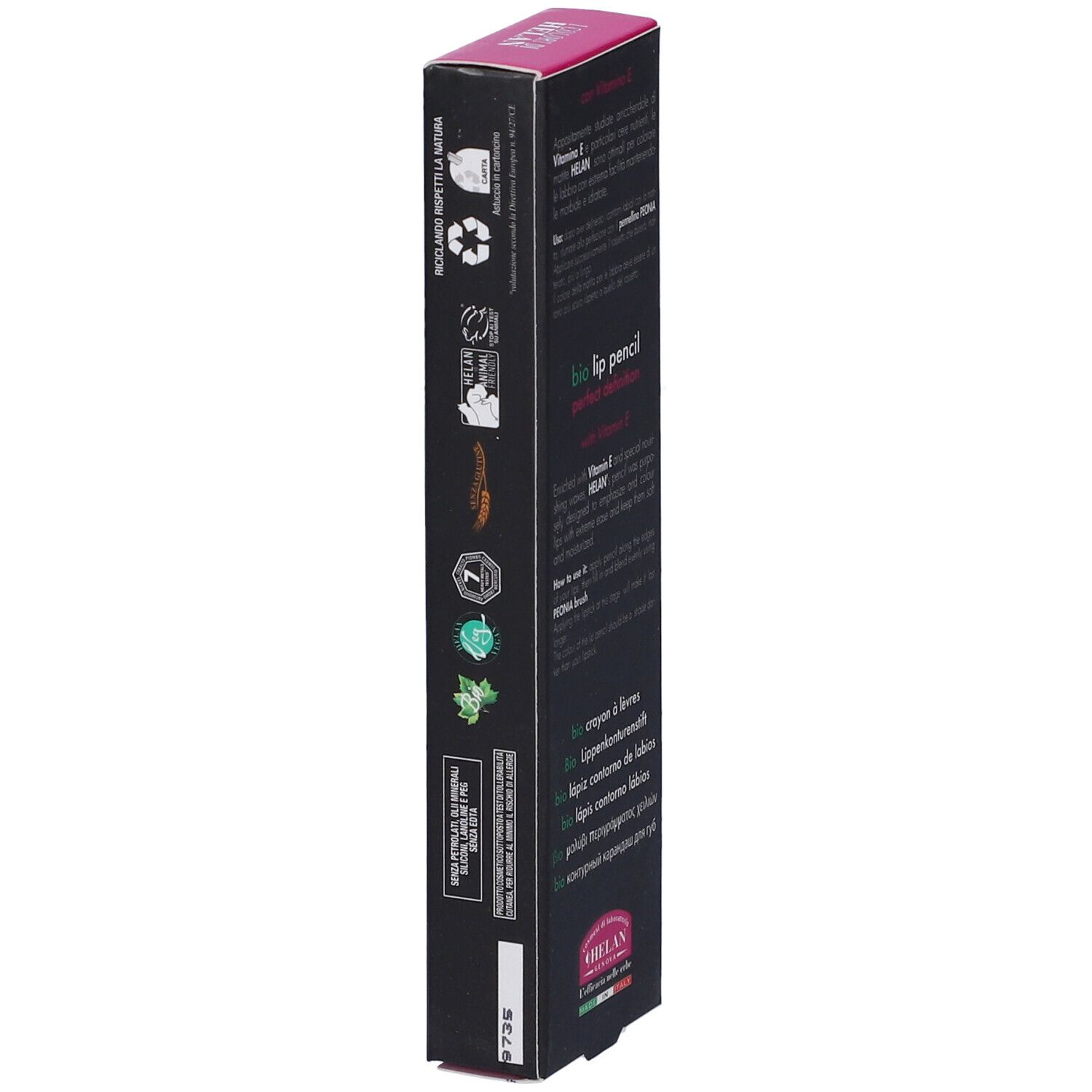 Confezione nera con informazioni sul prodotto e design floreale. Testo: bio matita labbra, definizione perfetta, con vitamina E.