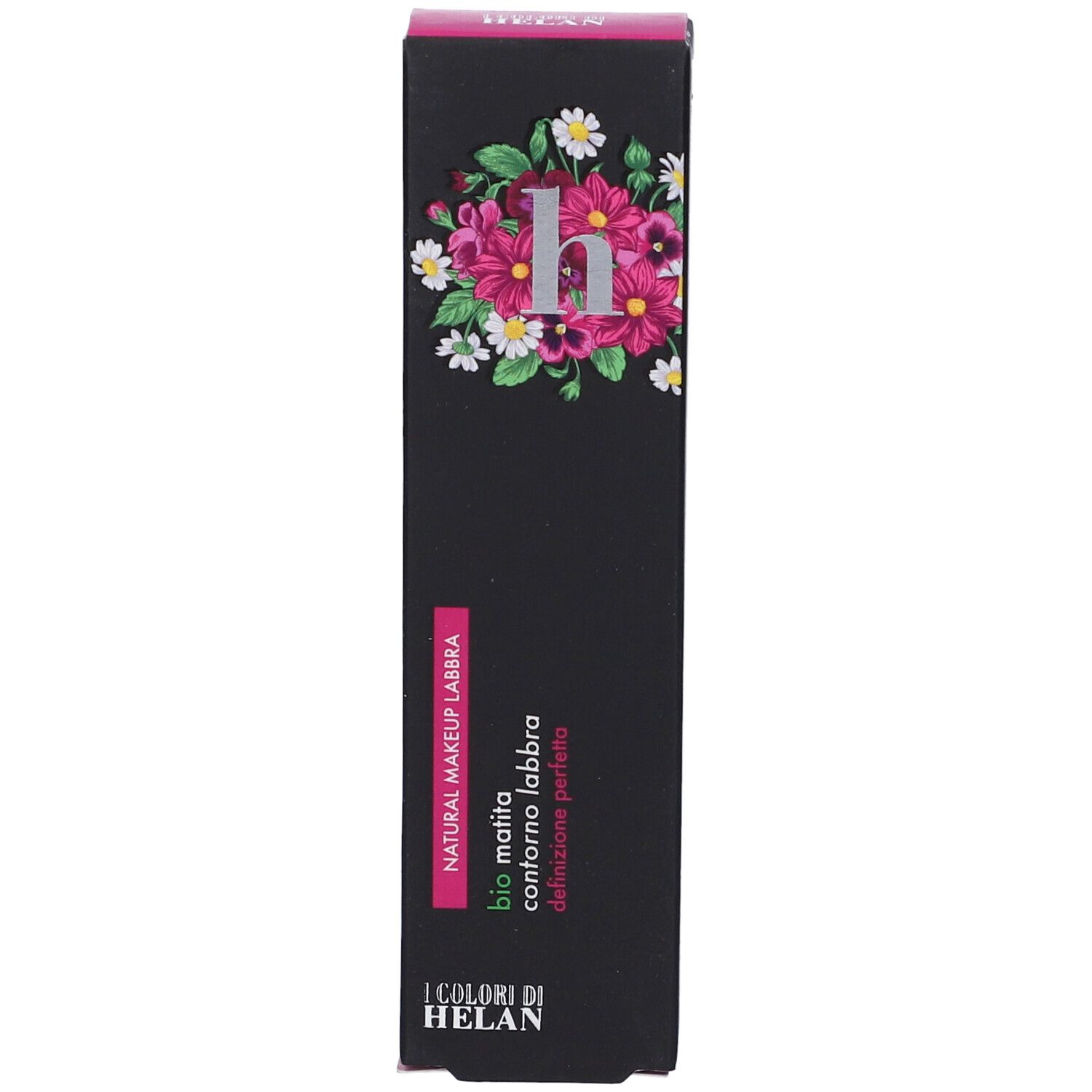 Confezione nera con design floreale e informazioni sul prodotto. Testo: Natural Makeup Labbra, Bio Matita Contorno Labbra.