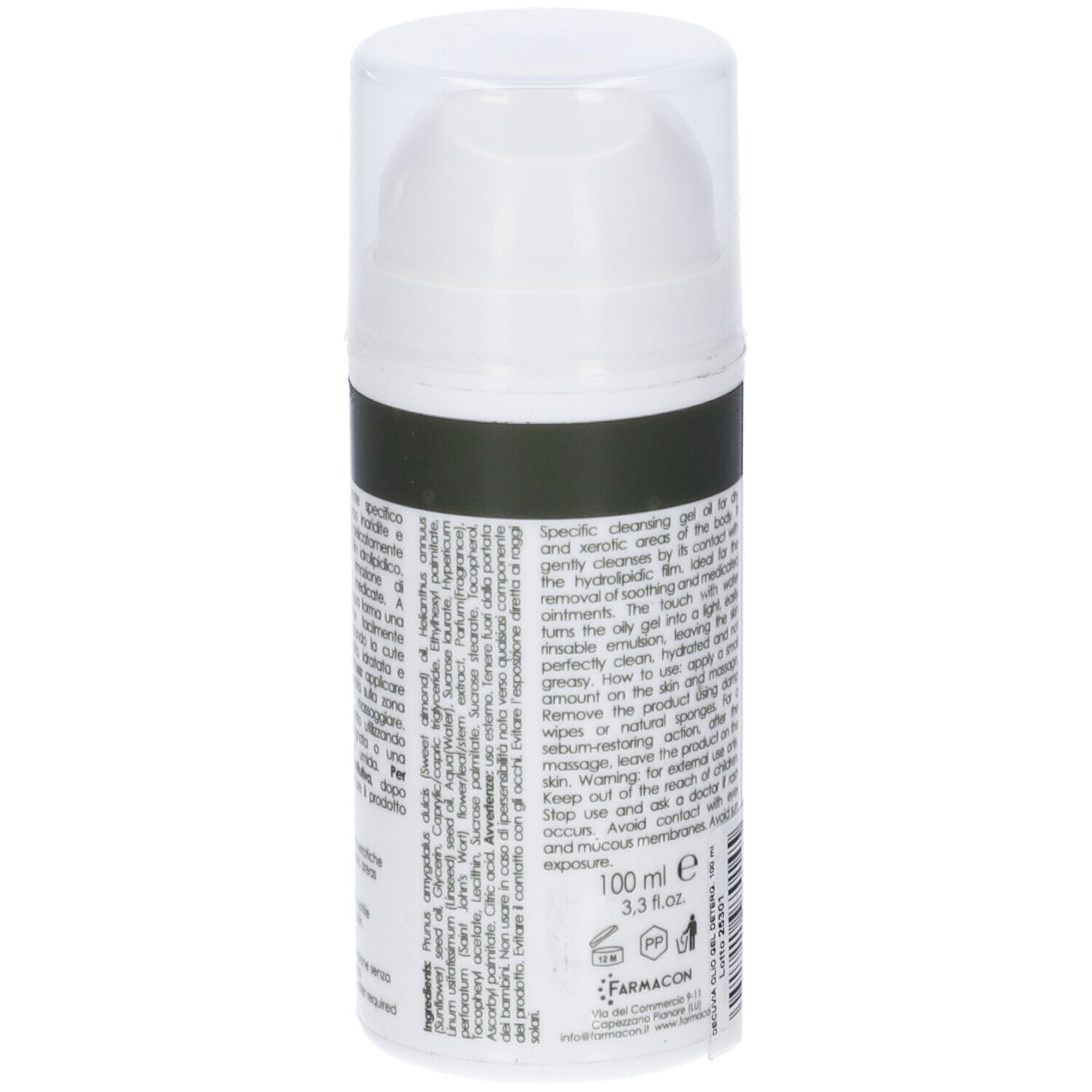 Retro di un flacone bianco. Testo in più lingue. Scritta: 100 ml, ingredienti.