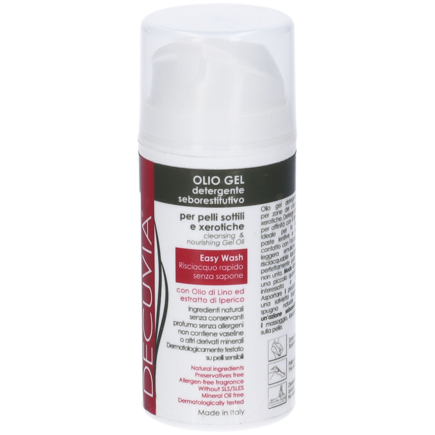 Flacone bianco con dosatore a pompa. Striscia rossa con testo. Scritta: DECUVIA, OLIO GEL, Easy Wash.