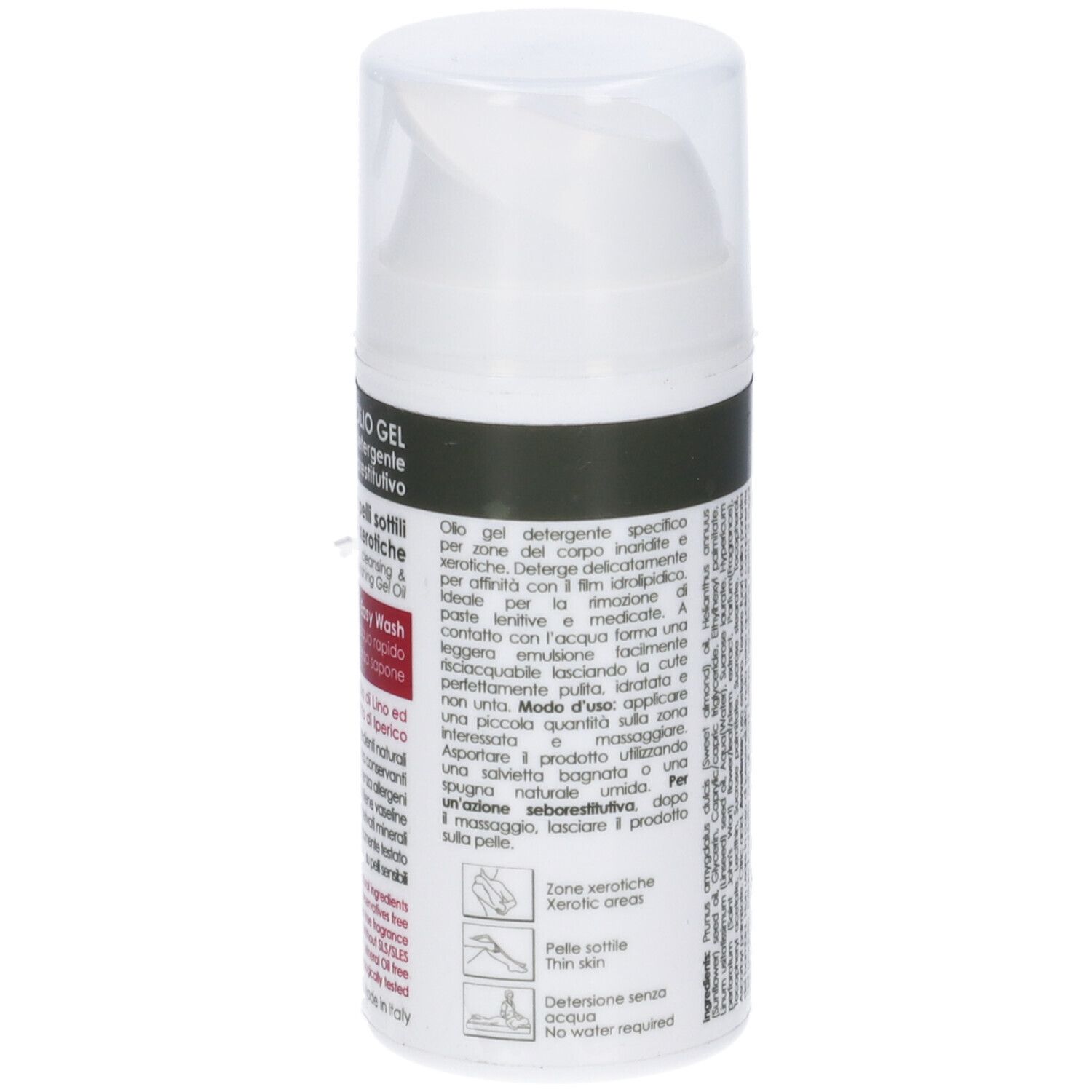 Flacone bianco con dosatore a pompa. Testo e illustrazioni. Scritta: OLIO GEL, Easy Wash.