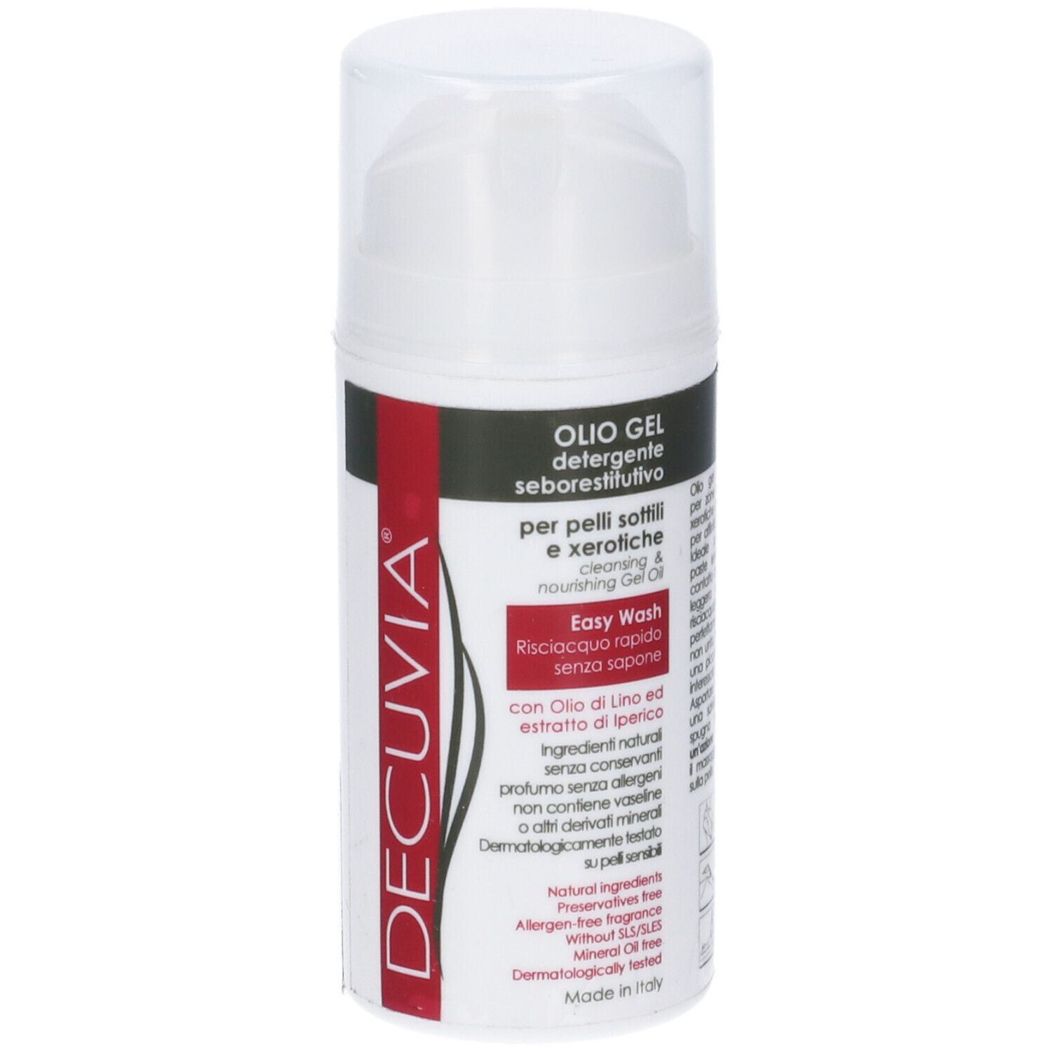 Flacone bianco con dosatore a pompa. Striscia rossa con testo. Scritta: DECUVIA, OLIO GEL, Easy Wash.