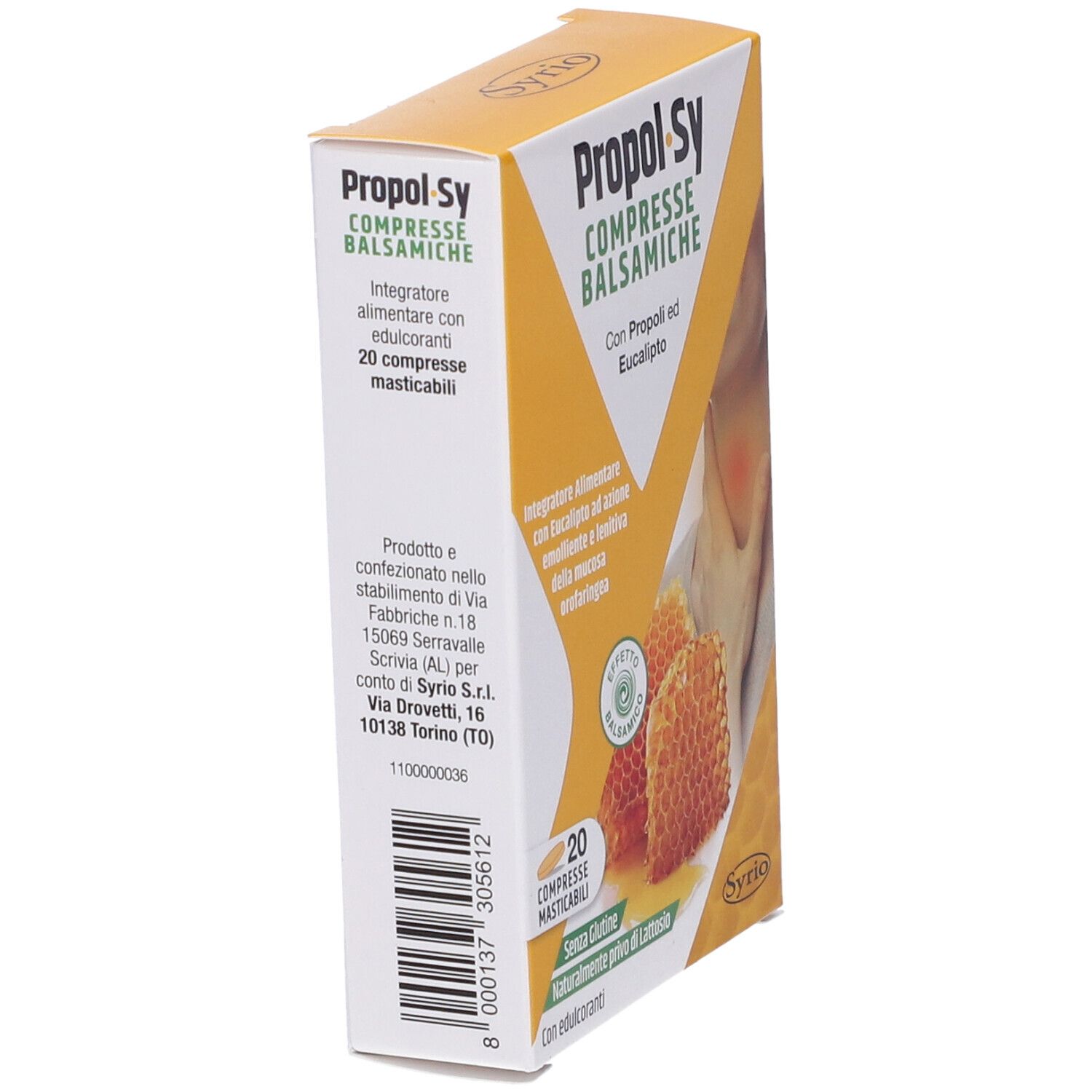 Scatola gialla vista di lato. Nome prodotto e codice a barre visibili. Testo: Compresse Balsamiche, 20 compresse.