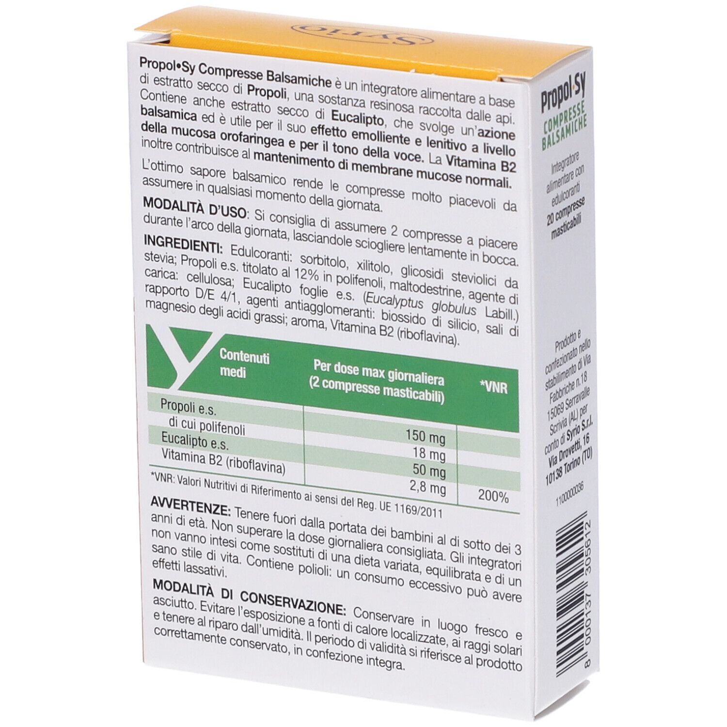 Retro della scatola gialla. Testo con ingredienti e informazioni nutrizionali. Nome prodotto: Compresse Balsamiche.