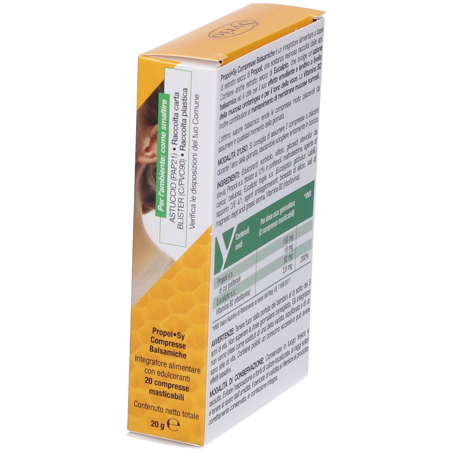 Scatola vista di lato da dietro. Testo con ingredienti e informazioni nutrizionali. Nome prodotto: Compresse Balsamiche.