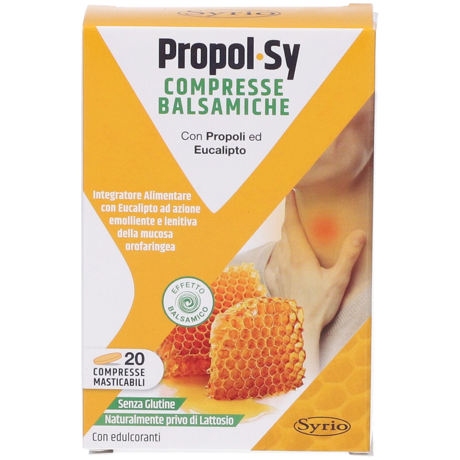 Scatola gialla con nome prodotto e immagine a nido d'ape. Testo: Compresse Balsamiche, 20 compresse masticabili.