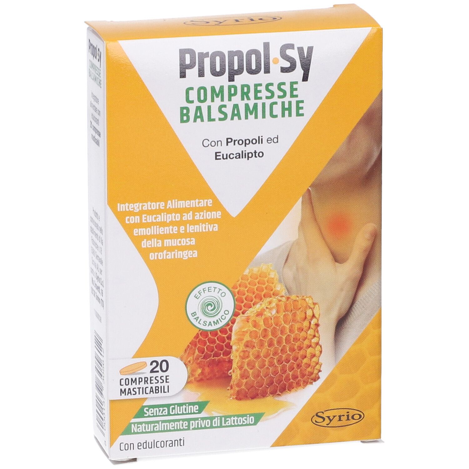 Scatola gialla con nome prodotto e immagine a nido d'ape. Testo: Compresse Balsamiche, 20 compresse masticabili.