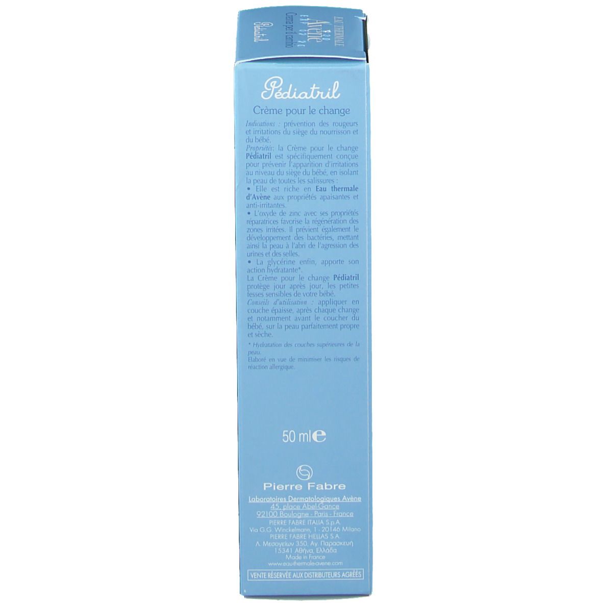Retro di una scatola azzurra. Testo multilingue. Scritta: Pédiatril. 50 ml. Logo Pierre Fabre.