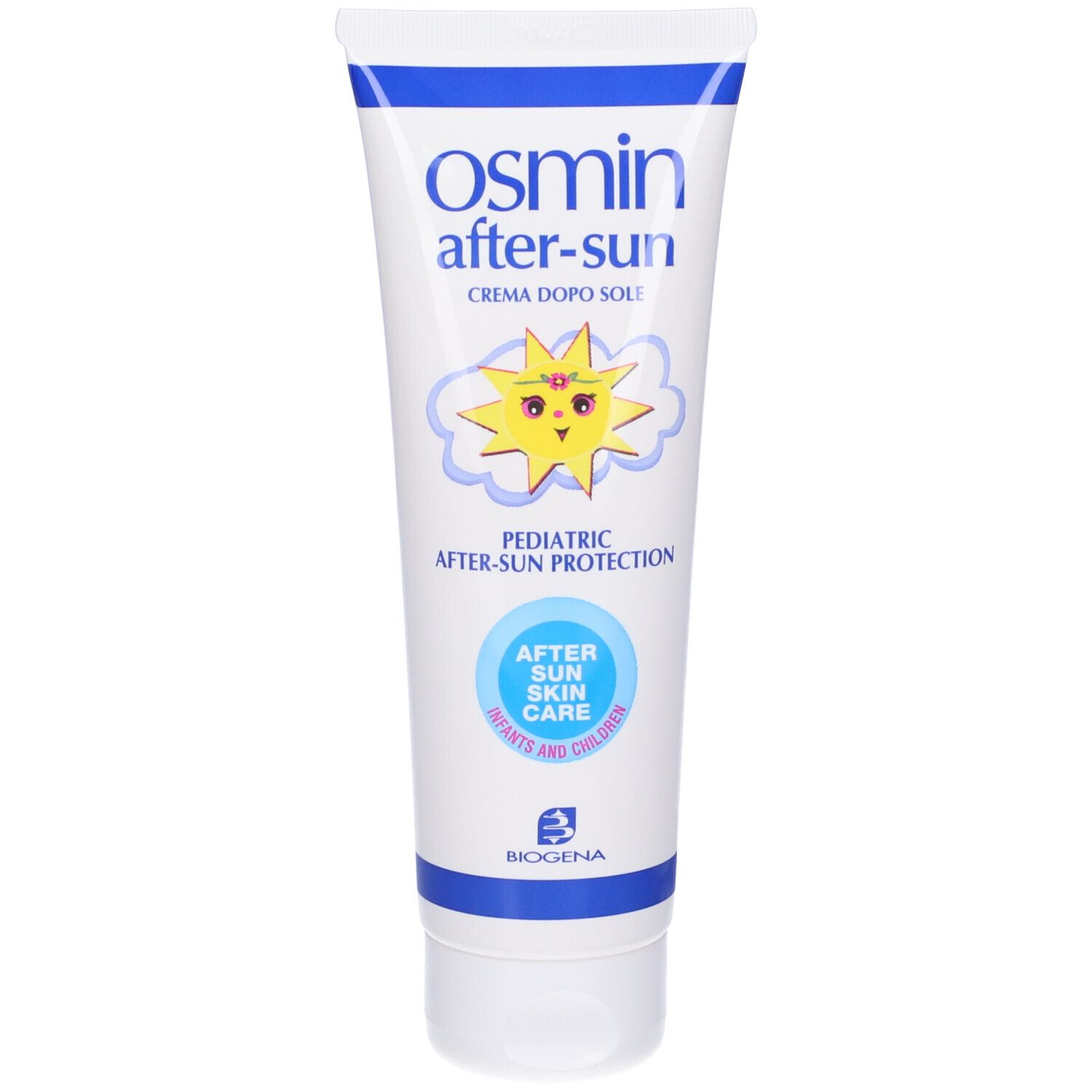 Tubo di crema doposole Osmin. Bianco, con tappo blu e scritta. Motivo sole e testo per bambini.