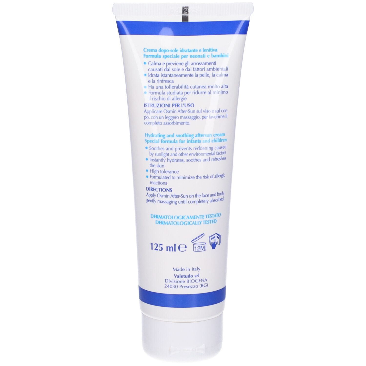 Retro del tubo di crema doposole Osmin. Testo multilingue. Dermatologicamente testato. 125 ml.