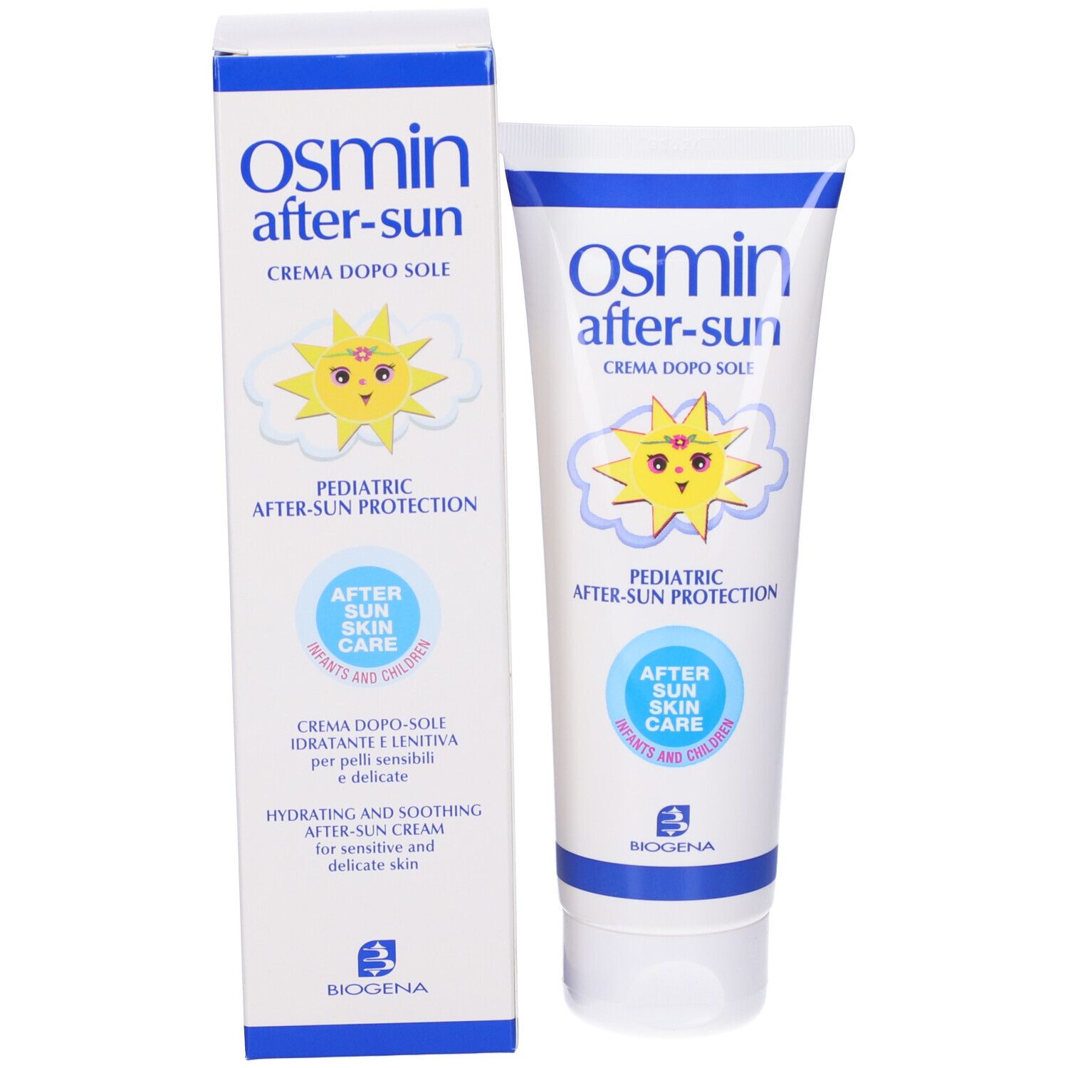 Crema doposole Osmin e confezione. Tubo e scatola con nome, sole e testo.