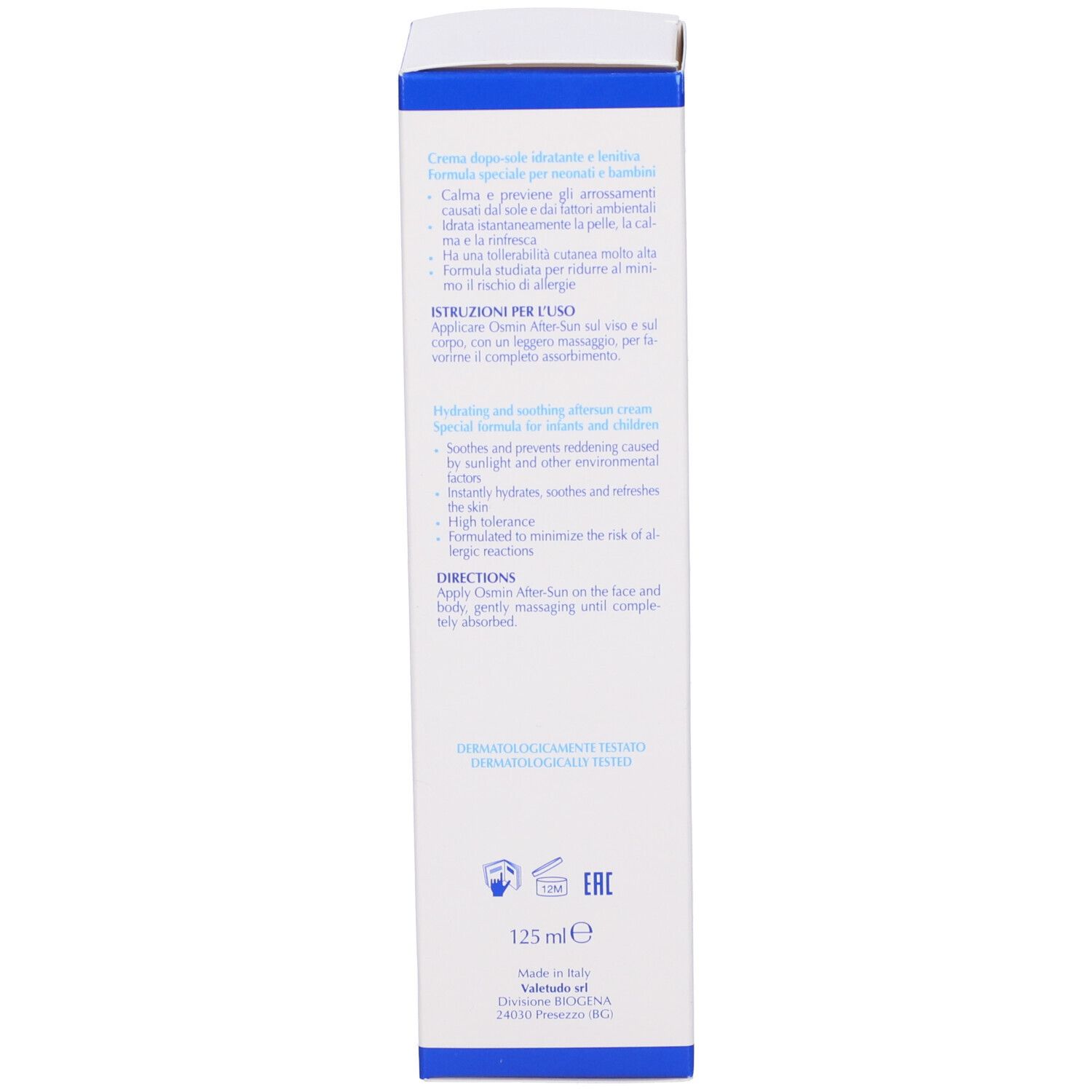 Lato della confezione della crema doposole Osmin. Testo multilingue. Dermatologicamente testato. 125 ml.